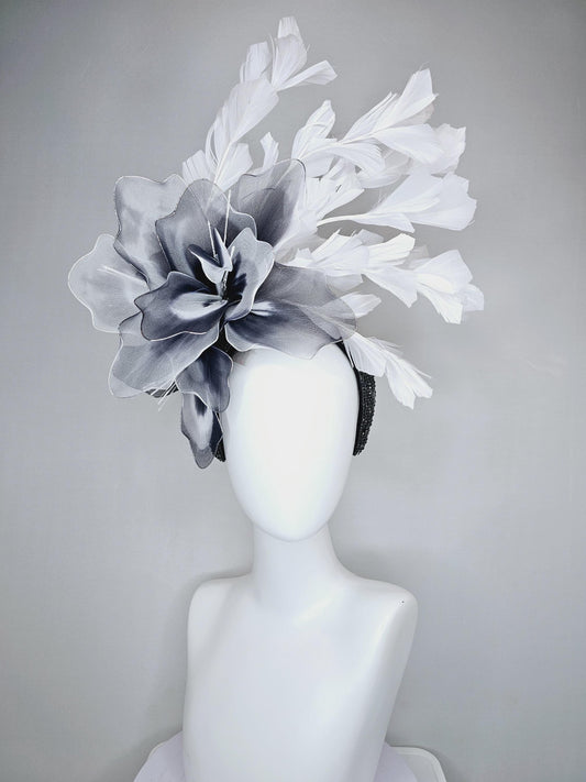 kentucky derby hat fascinator black crystal rhinestone headband with large black and white tie dye wire mesh flower,white branching feathers