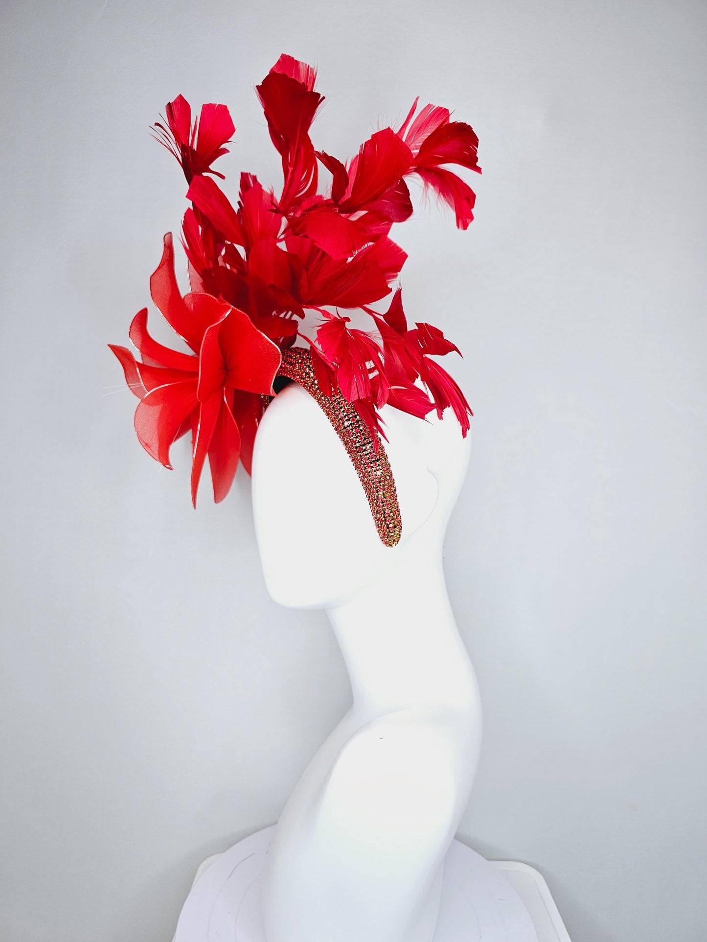 kentucky derby hat fascinator red crystal rhinestone headband with large cherry red wire mesh flower and scarlet red branching feathers