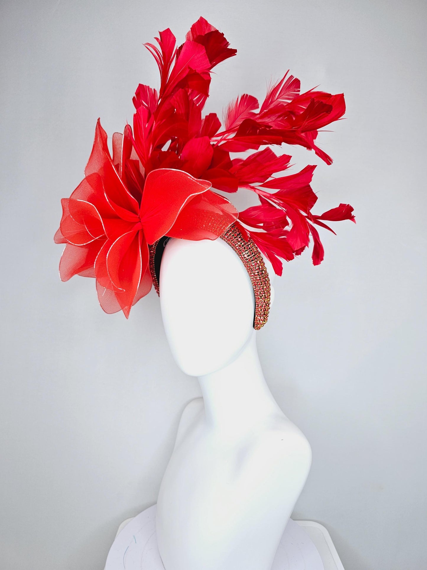 kentucky derby hat fascinator red crystal rhinestone headband with large cherry red wire mesh flower and scarlet red branching feathers