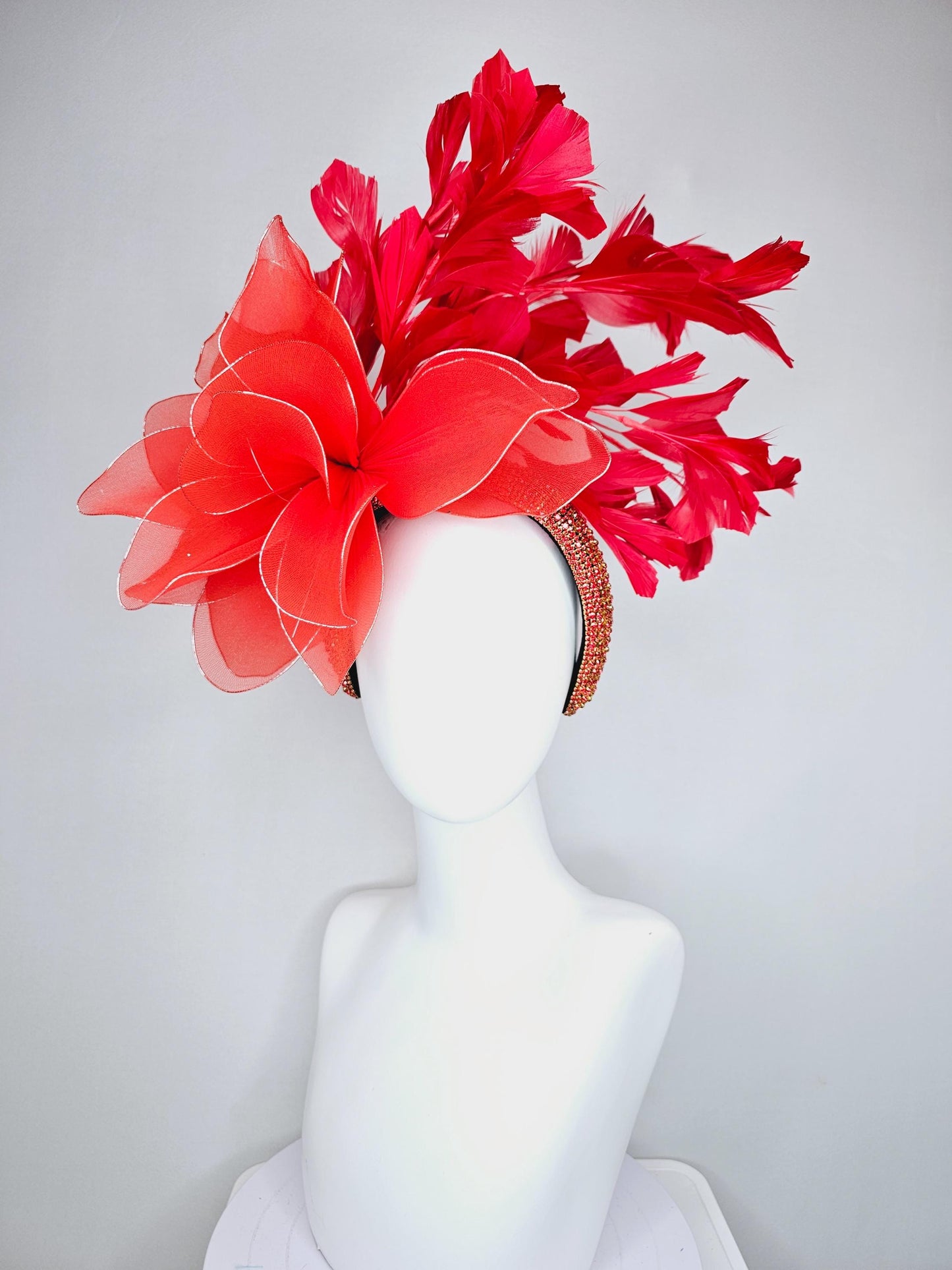 kentucky derby hat fascinator red crystal rhinestone headband with large cherry red wire mesh flower and scarlet red branching feathers