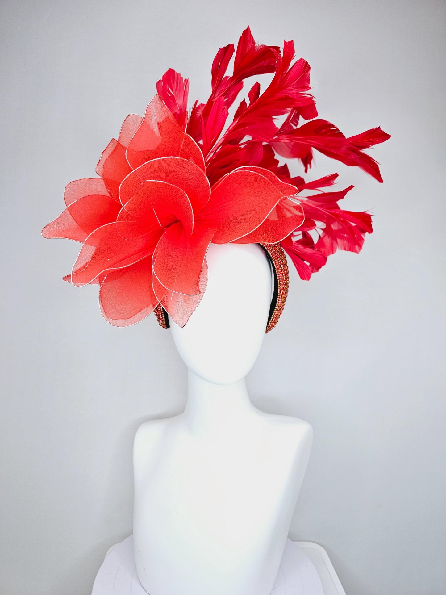 kentucky derby hat fascinator red crystal rhinestone headband with large cherry red wire mesh flower and scarlet red branching feathers