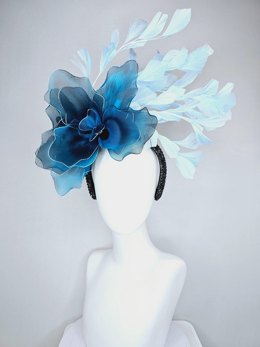 kentucky derby hat fascinator black crystal rhinestone headband with large dark teal sky blue tie dye wire mesh flower, light blue feathers