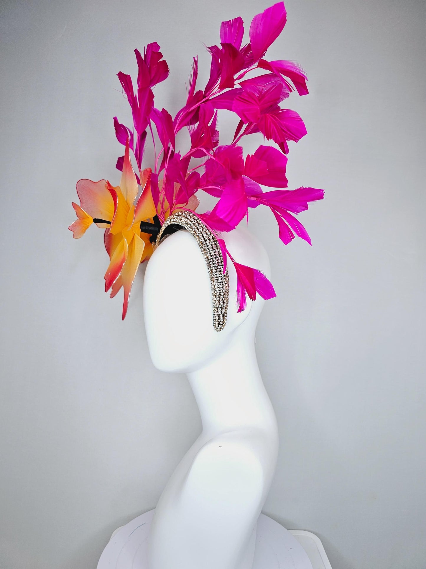 kentucky derby hat fascinator crystal rhinestone headband and large ombre red orange yellow wire mesh flower,fuchsia pink branching feathers