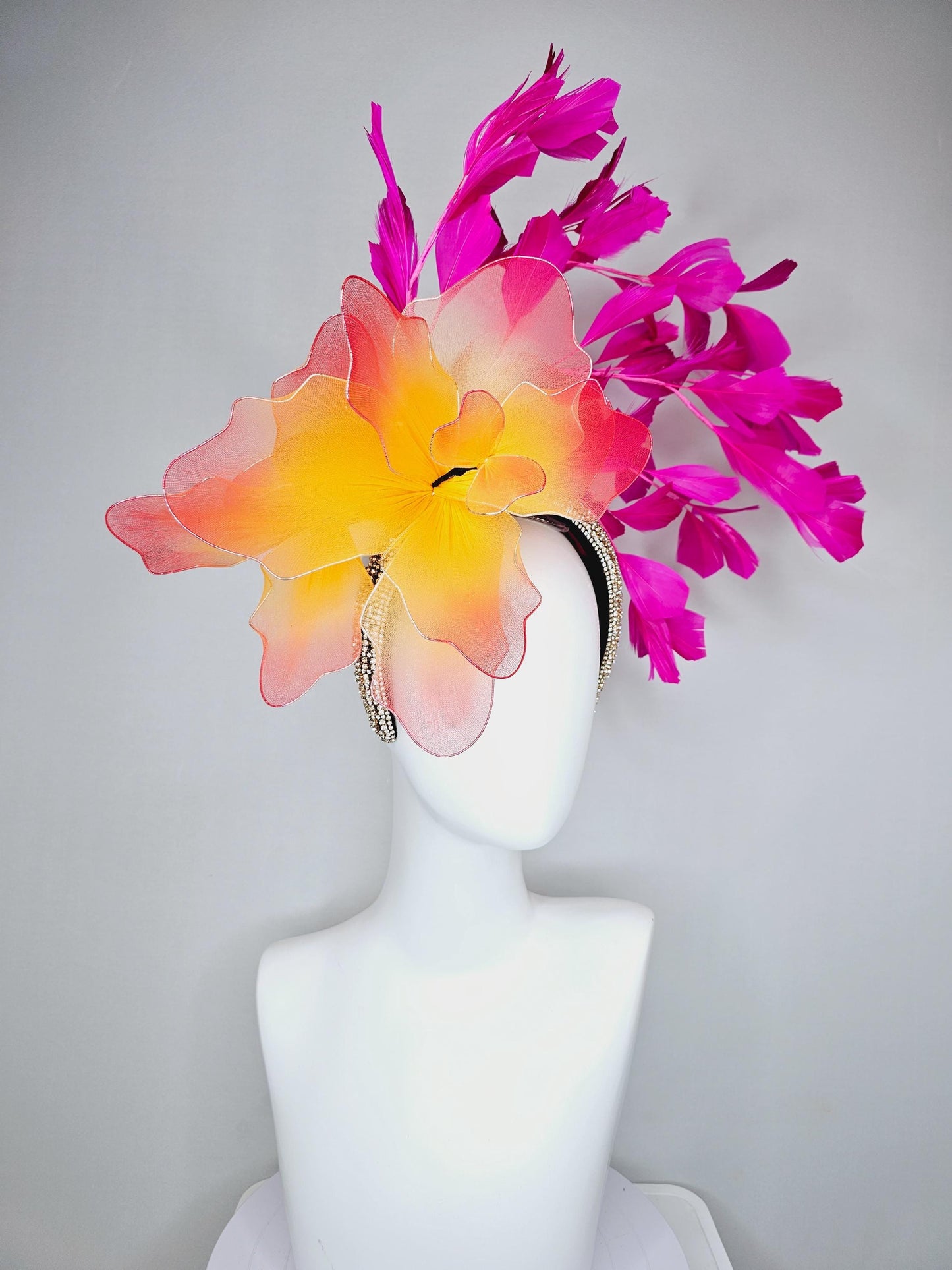 kentucky derby hat fascinator crystal rhinestone headband and large ombre red orange yellow wire mesh flower,fuchsia pink branching feathers