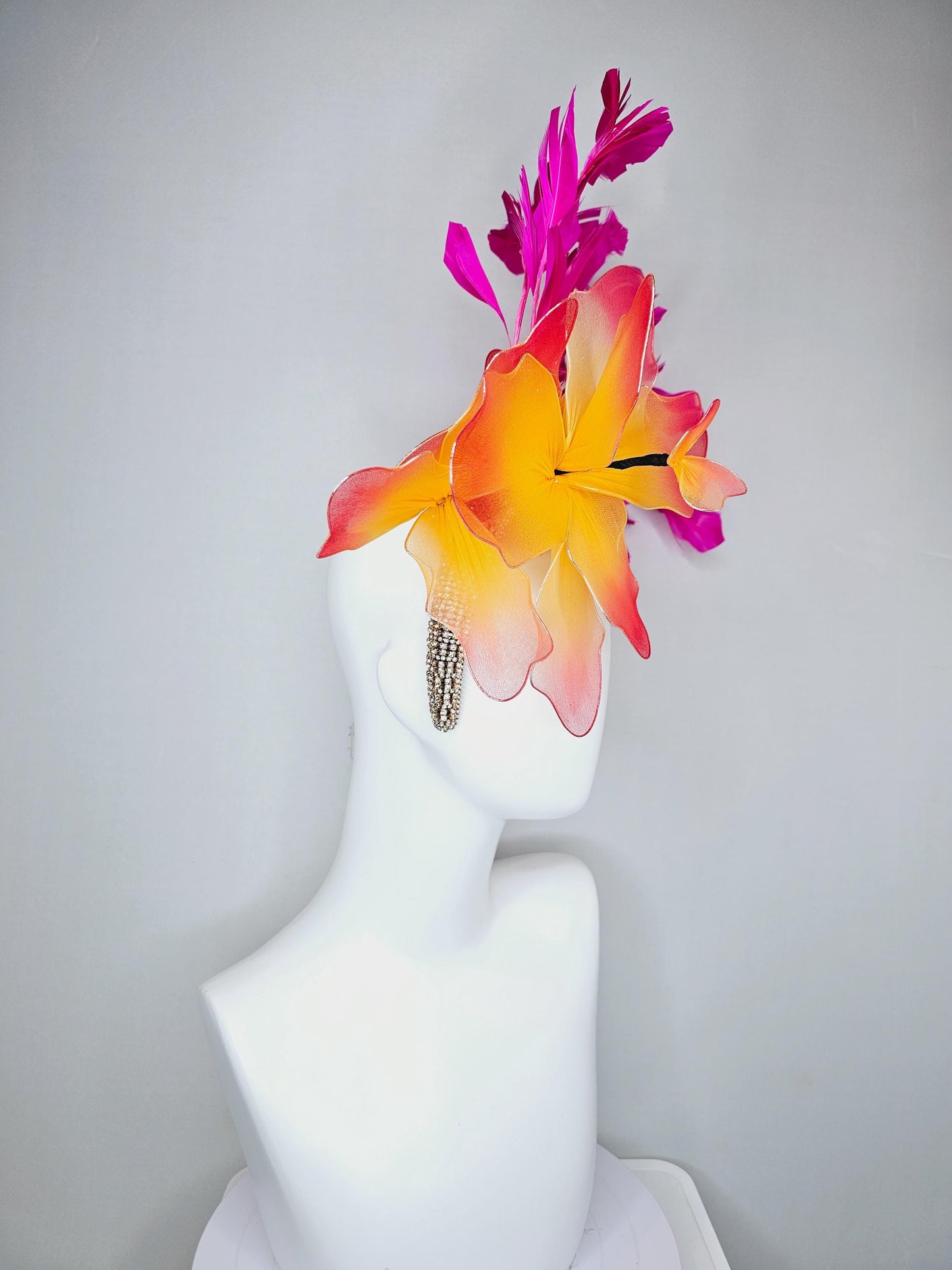 kentucky derby hat fascinator crystal rhinestone headband and large ombre red orange yellow wire mesh flower,fuchsia pink branching feathers