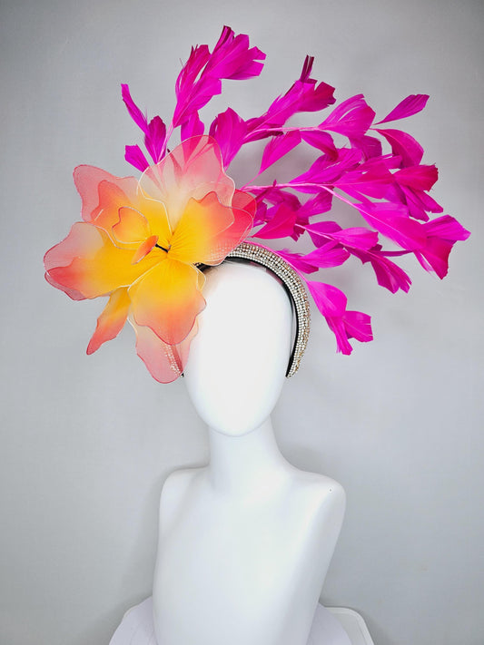 kentucky derby hat fascinator crystal rhinestone headband and large ombre red orange yellow wire mesh flower,fuchsia pink branching feathers