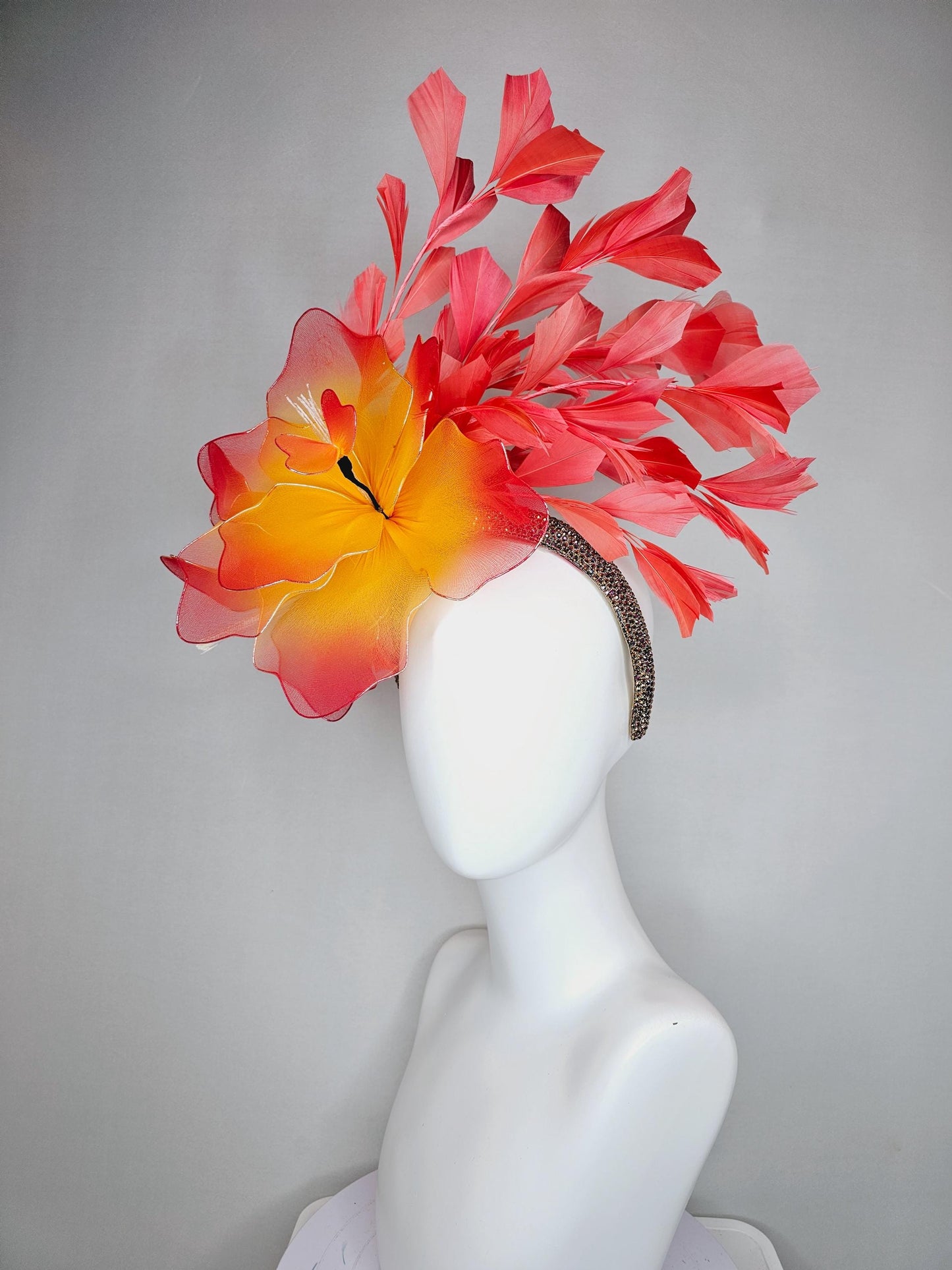 kentucky derby hat fascinator iridescent copper crystal rhinestone headband, large ombre red yellow wire mesh flower, coral orange feathers