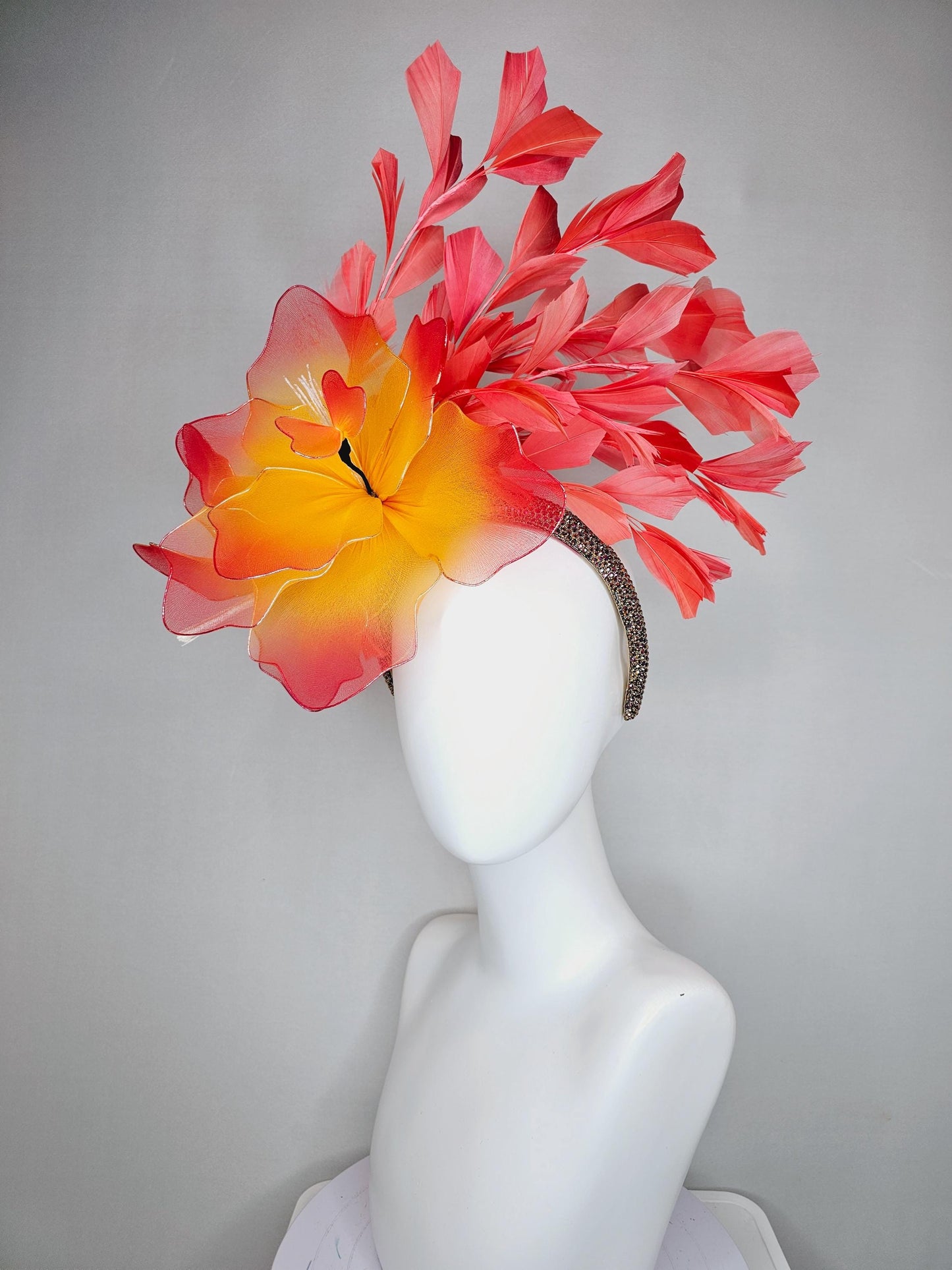 kentucky derby hat fascinator iridescent copper crystal rhinestone headband, large ombre red yellow wire mesh flower, coral orange feathers