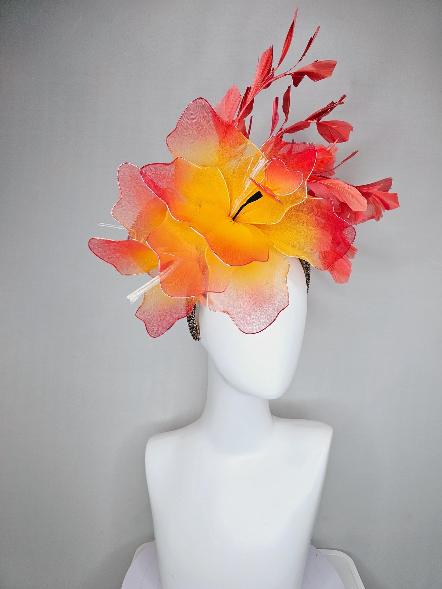 kentucky derby hat fascinator iridescent copper crystal rhinestone headband, large ombre red yellow wire mesh flower, coral orange feathers