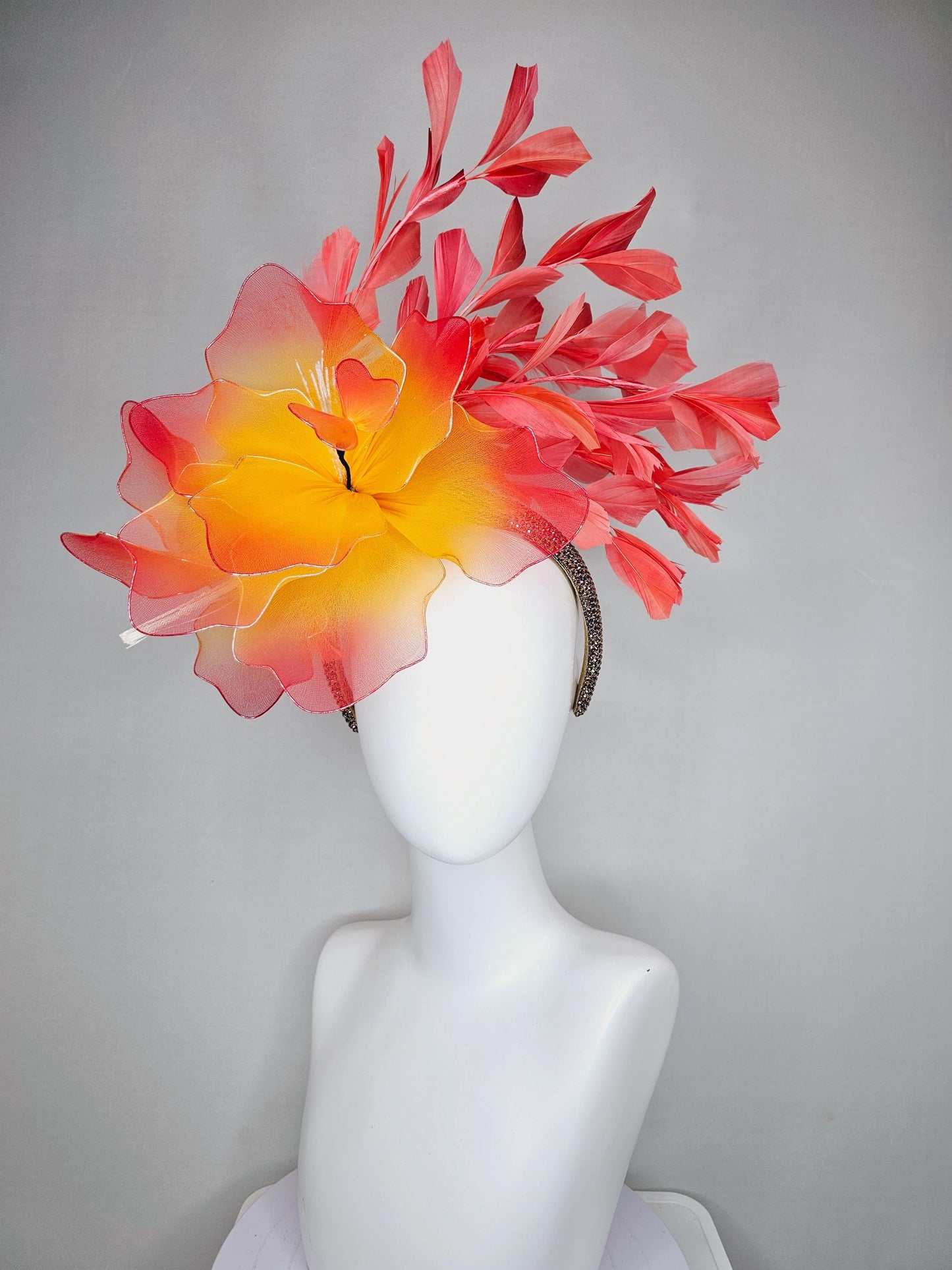 kentucky derby hat fascinator iridescent copper crystal rhinestone headband, large ombre red yellow wire mesh flower, coral orange feathers