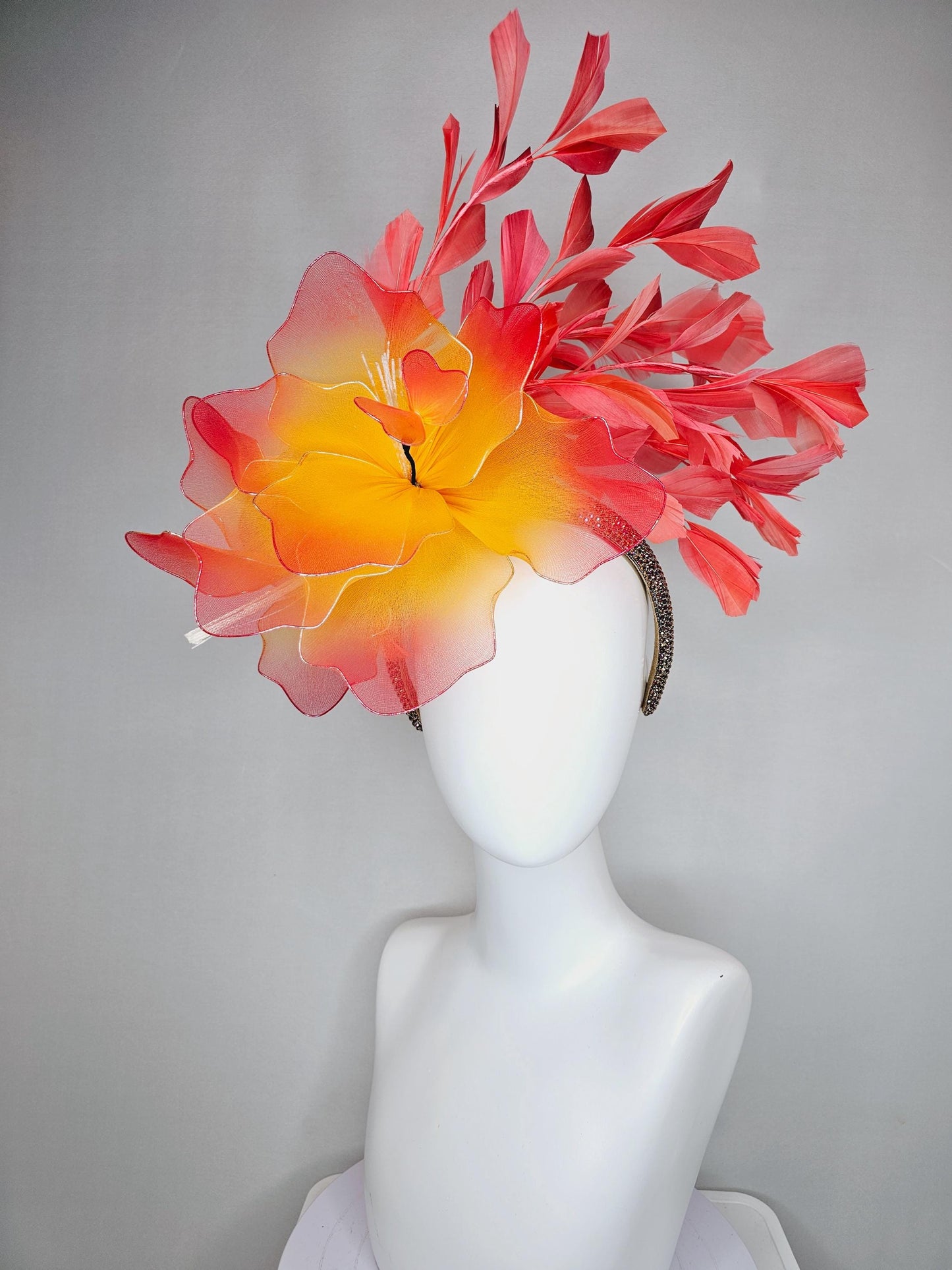 kentucky derby hat fascinator iridescent copper crystal rhinestone headband, large ombre red yellow wire mesh flower, coral orange feathers