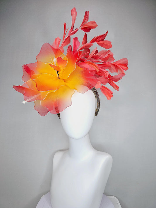 kentucky derby hat fascinator iridescent copper crystal rhinestone headband, large ombre red yellow wire mesh flower, coral orange feathers