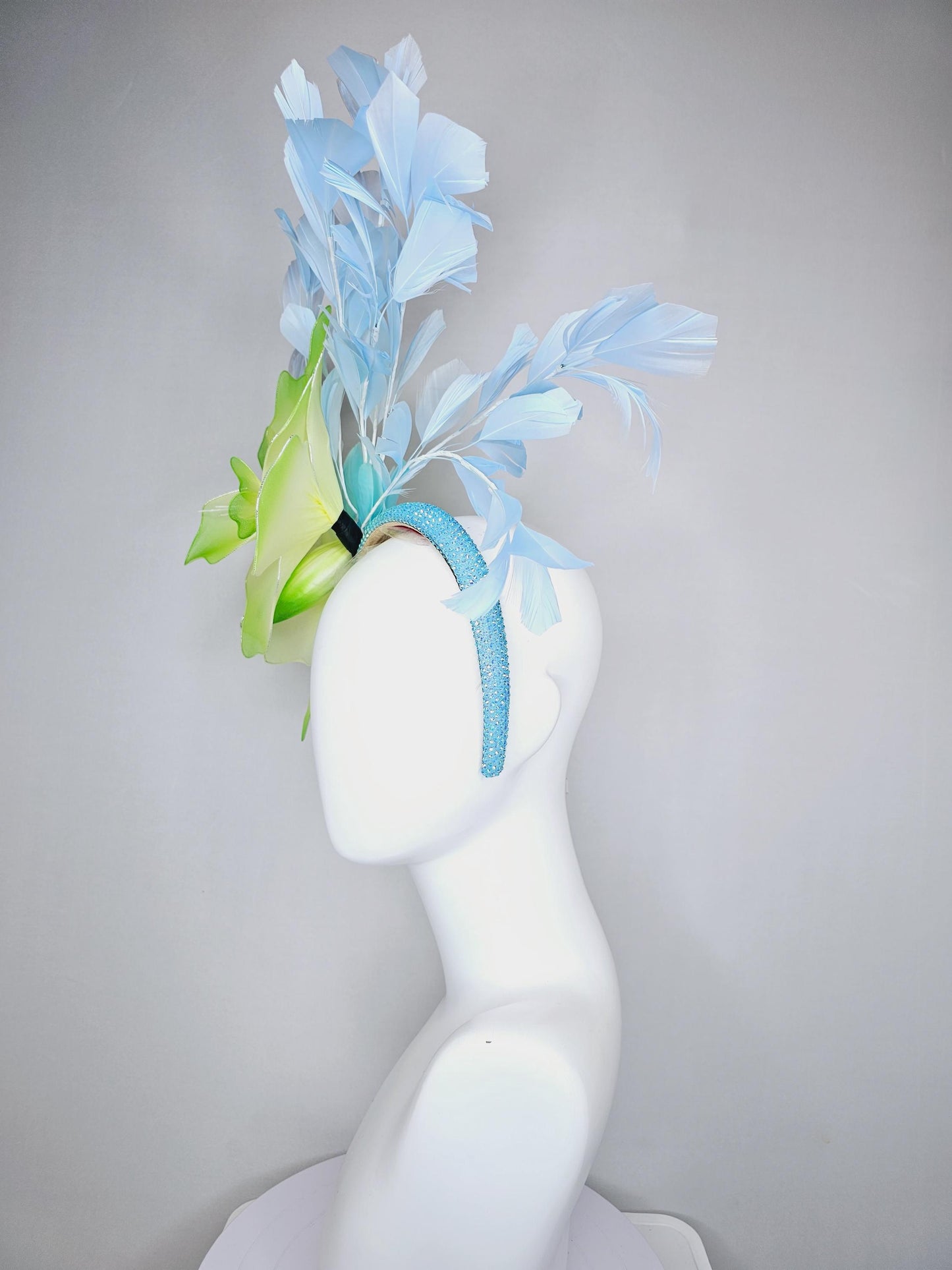 kentucky derby hat fascinator iridescent baby blue crystal headband with large ombre lime green yellow wire mesh flower, light blue feathers