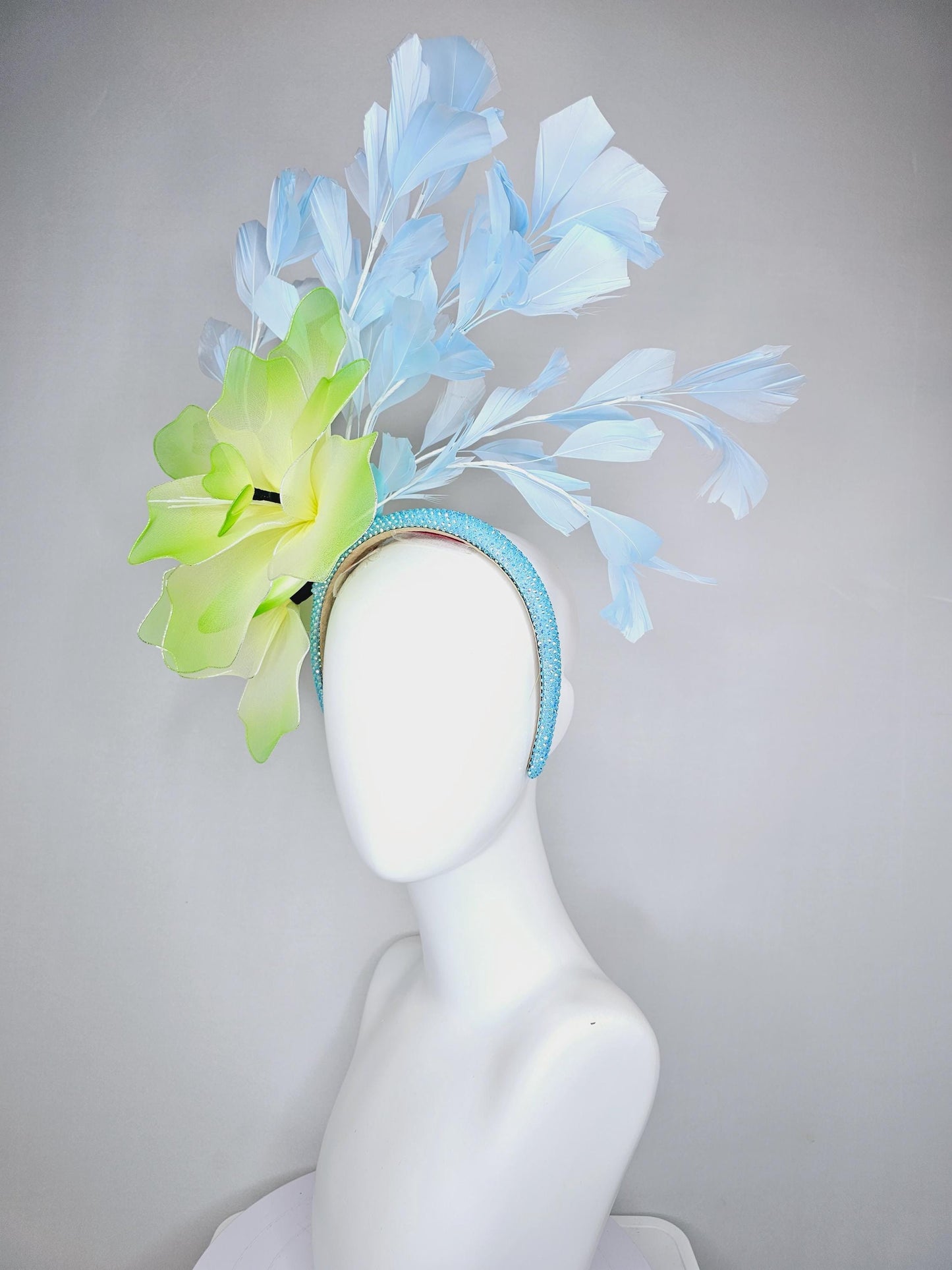 kentucky derby hat fascinator iridescent baby blue crystal headband with large ombre lime green yellow wire mesh flower, light blue feathers