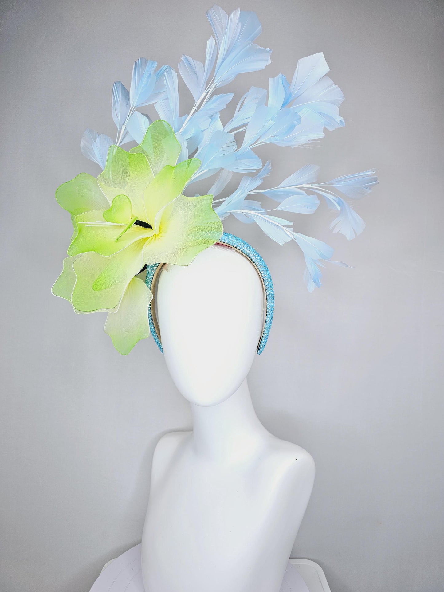 kentucky derby hat fascinator iridescent baby blue crystal headband with large ombre lime green yellow wire mesh flower, light blue feathers