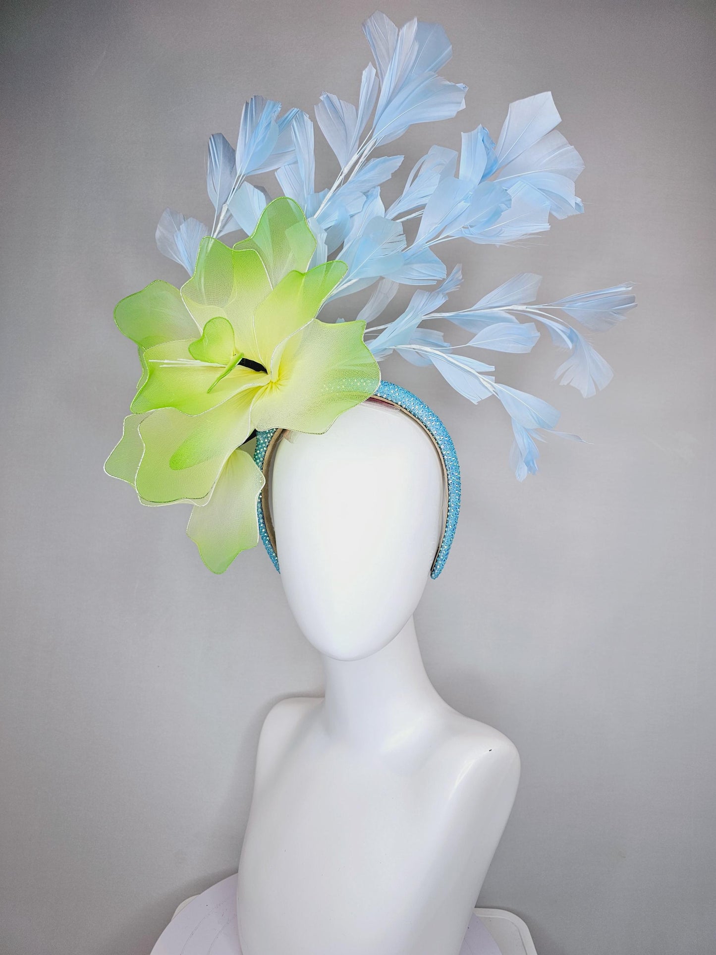 kentucky derby hat fascinator iridescent baby blue crystal headband with large ombre lime green yellow wire mesh flower, light blue feathers