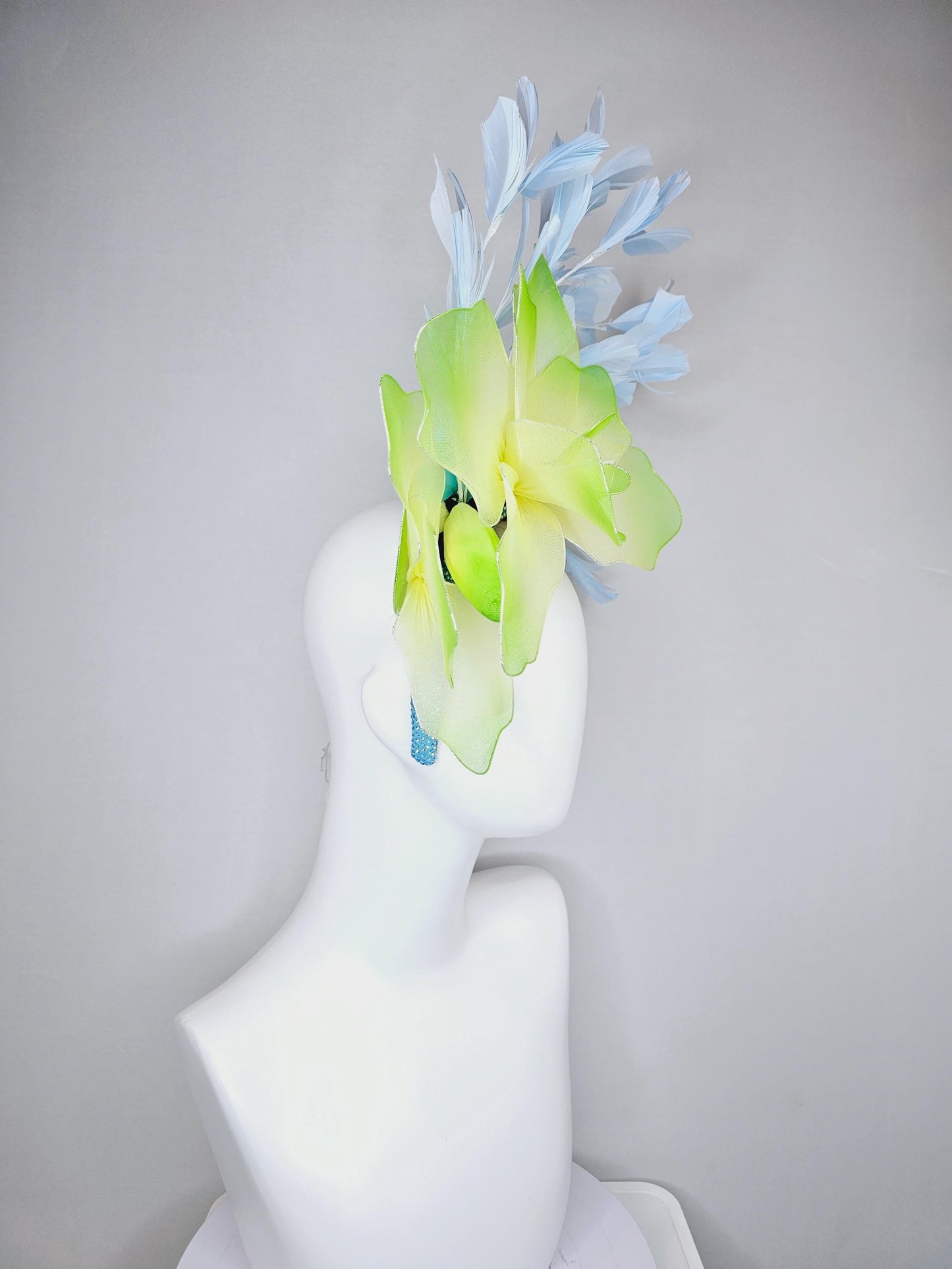 kentucky derby hat fascinator iridescent baby blue crystal headband with large ombre lime green yellow wire mesh flower, light blue feathers