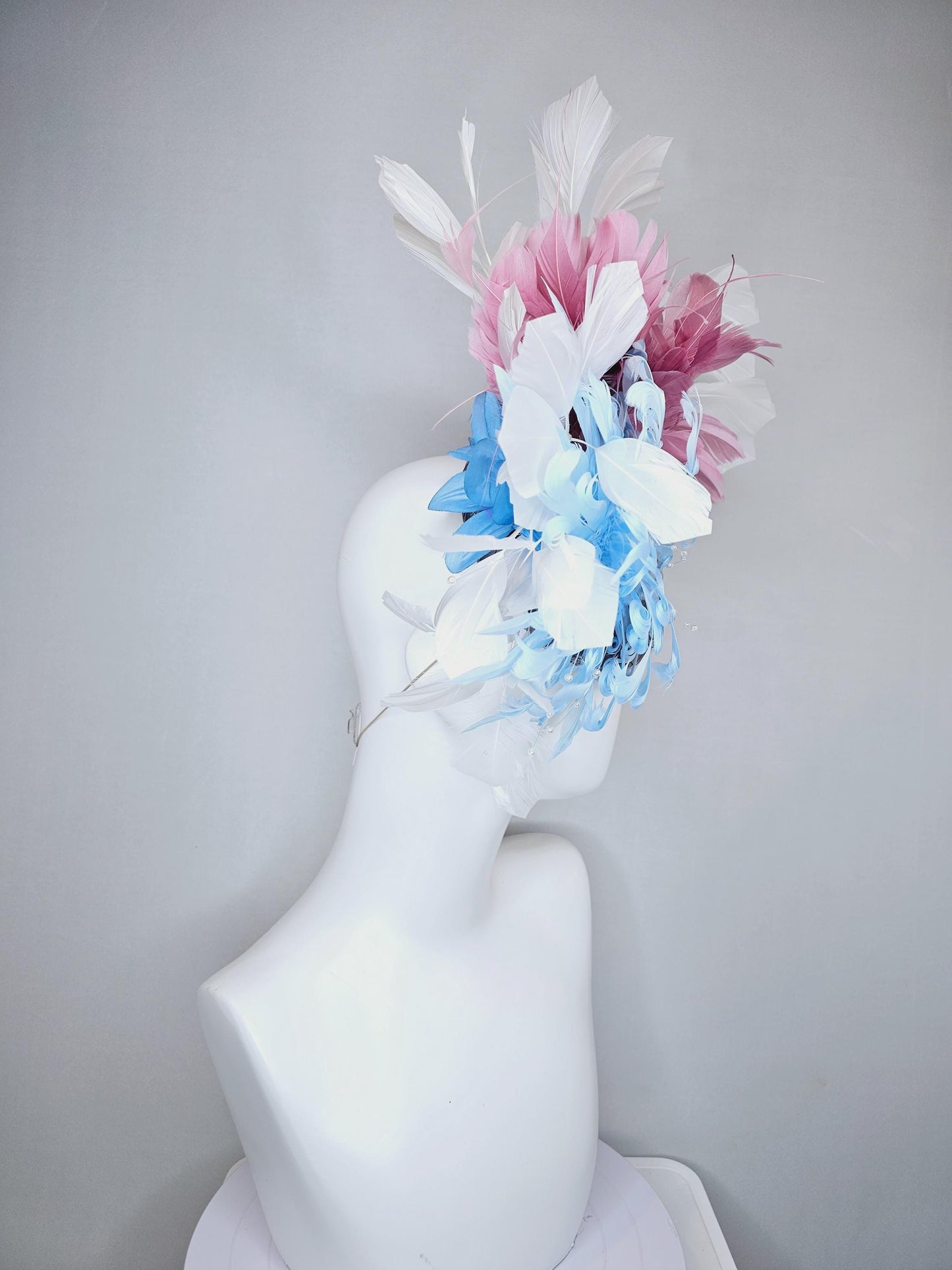 kentucky derby hat fascinator gray satin w/ netting,light blue curly feather flower w/ pearl strings,blush pink and white branching feathers