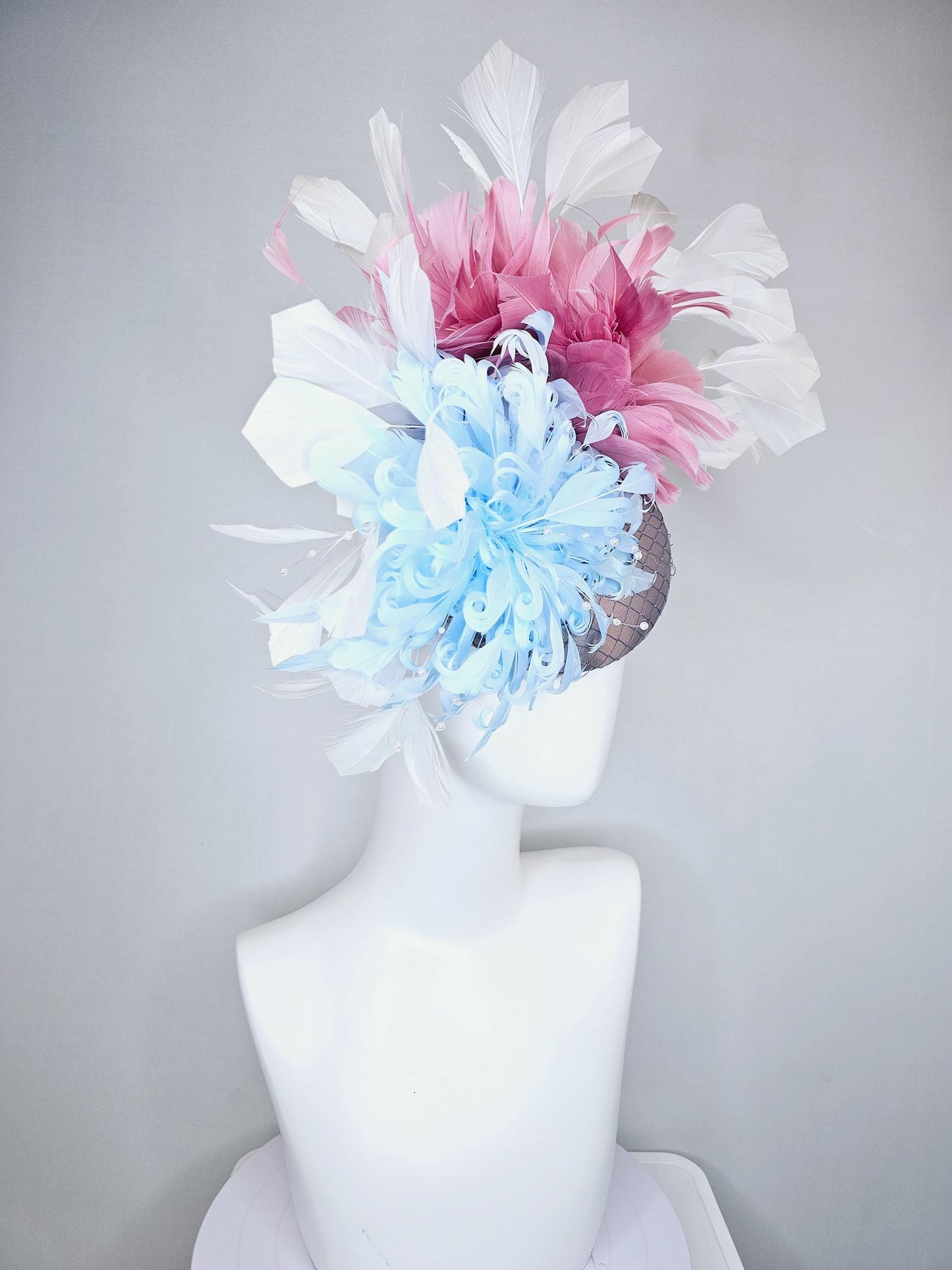 kentucky derby hat fascinator gray satin w/ netting,light blue curly feather flower w/ pearl strings,blush pink and white branching feathers