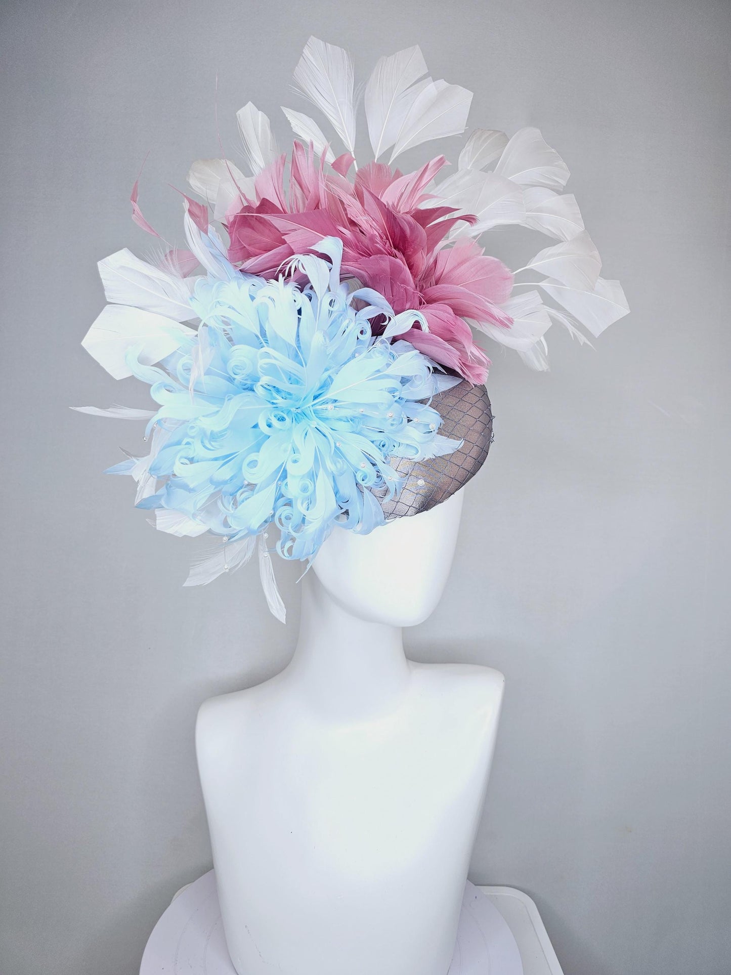 kentucky derby hat fascinator gray satin w/ netting,light blue curly feather flower w/ pearl strings,blush pink and white branching feathers