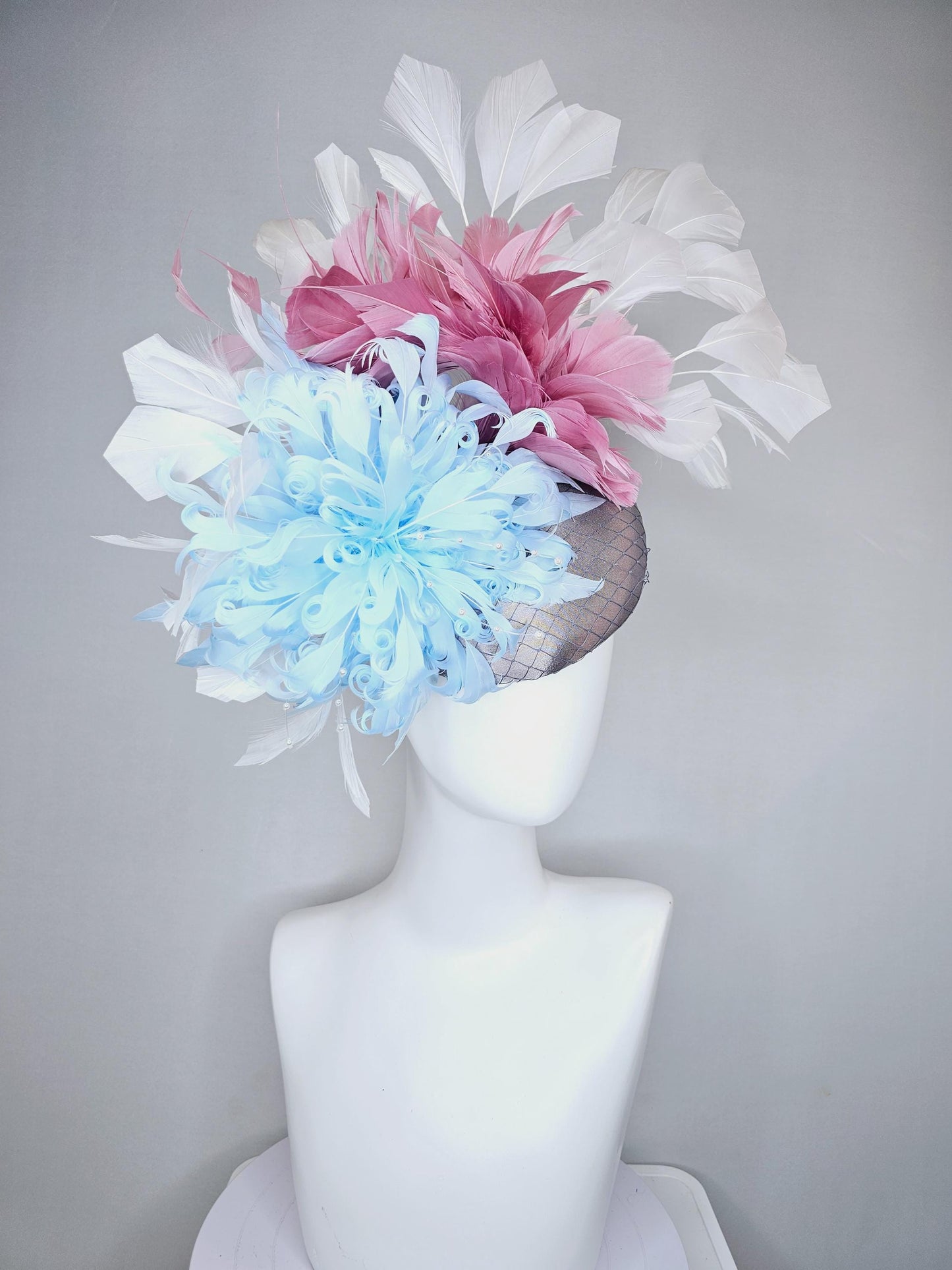 kentucky derby hat fascinator gray satin w/ netting,light blue curly feather flower w/ pearl strings,blush pink and white branching feathers