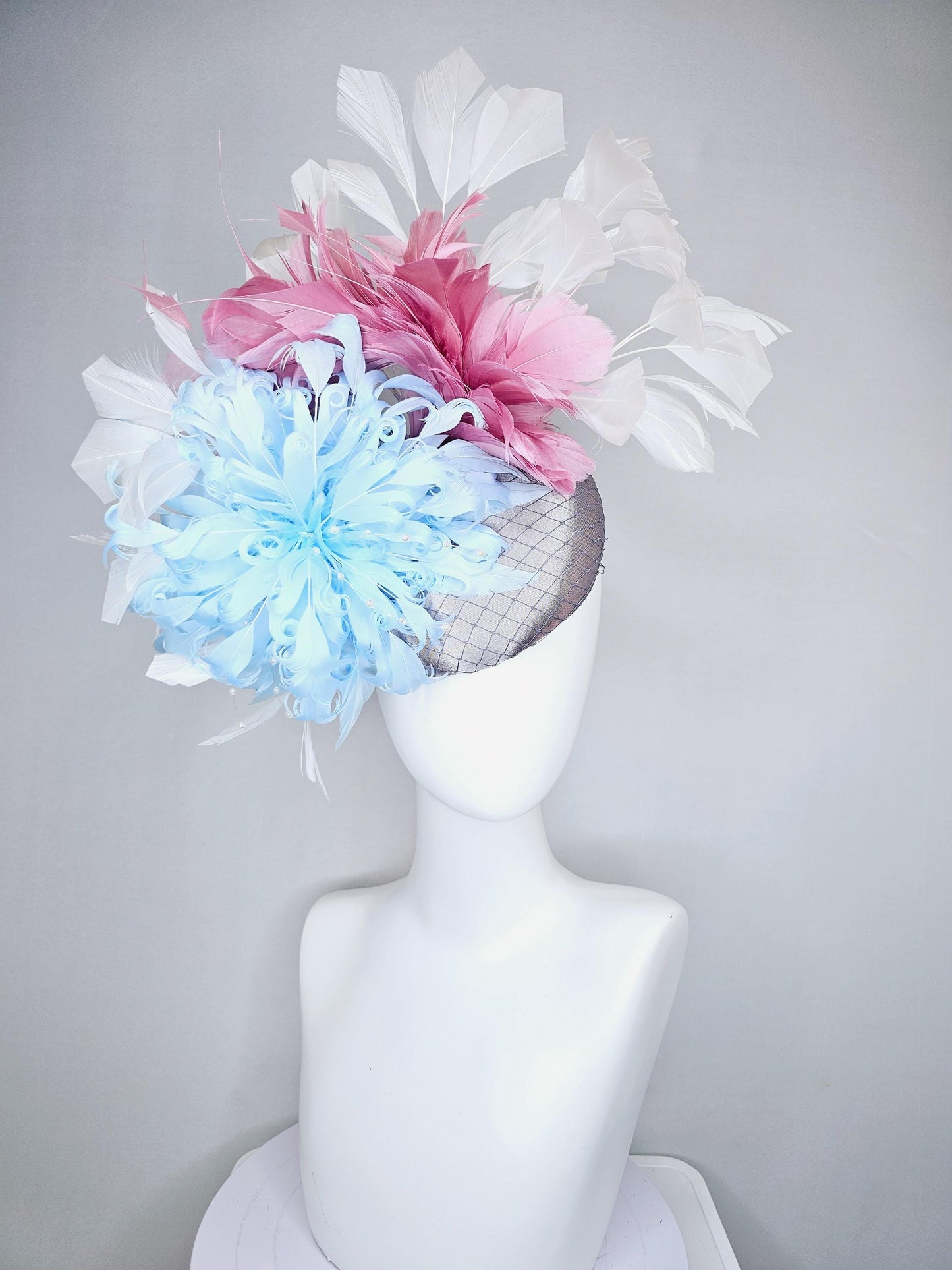 kentucky derby hat fascinator gray satin w/ netting,light blue curly feather flower w/ pearl strings,blush pink and white branching feathers