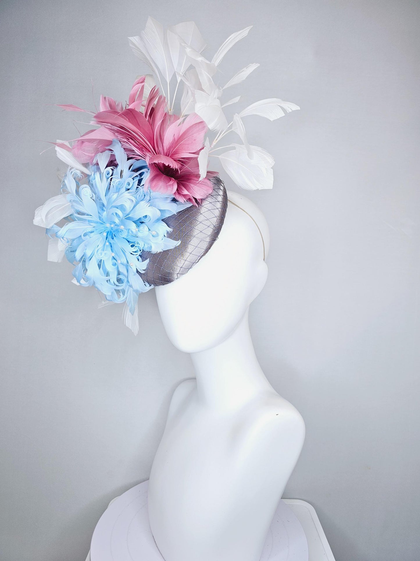 kentucky derby hat fascinator gray satin w/ netting,light blue curly feather flower w/ pearl strings,blush pink and white branching feathers