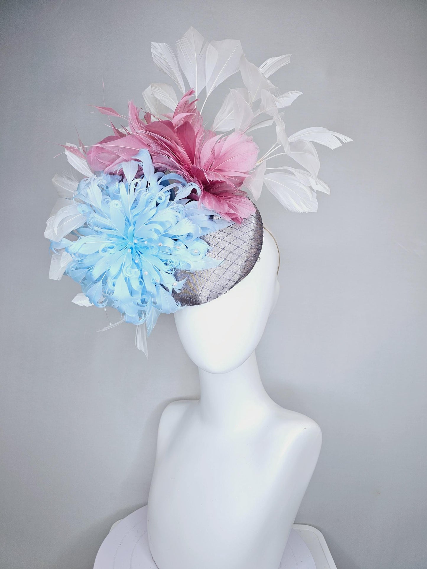 kentucky derby hat fascinator gray satin w/ netting,light blue curly feather flower w/ pearl strings,blush pink and white branching feathers