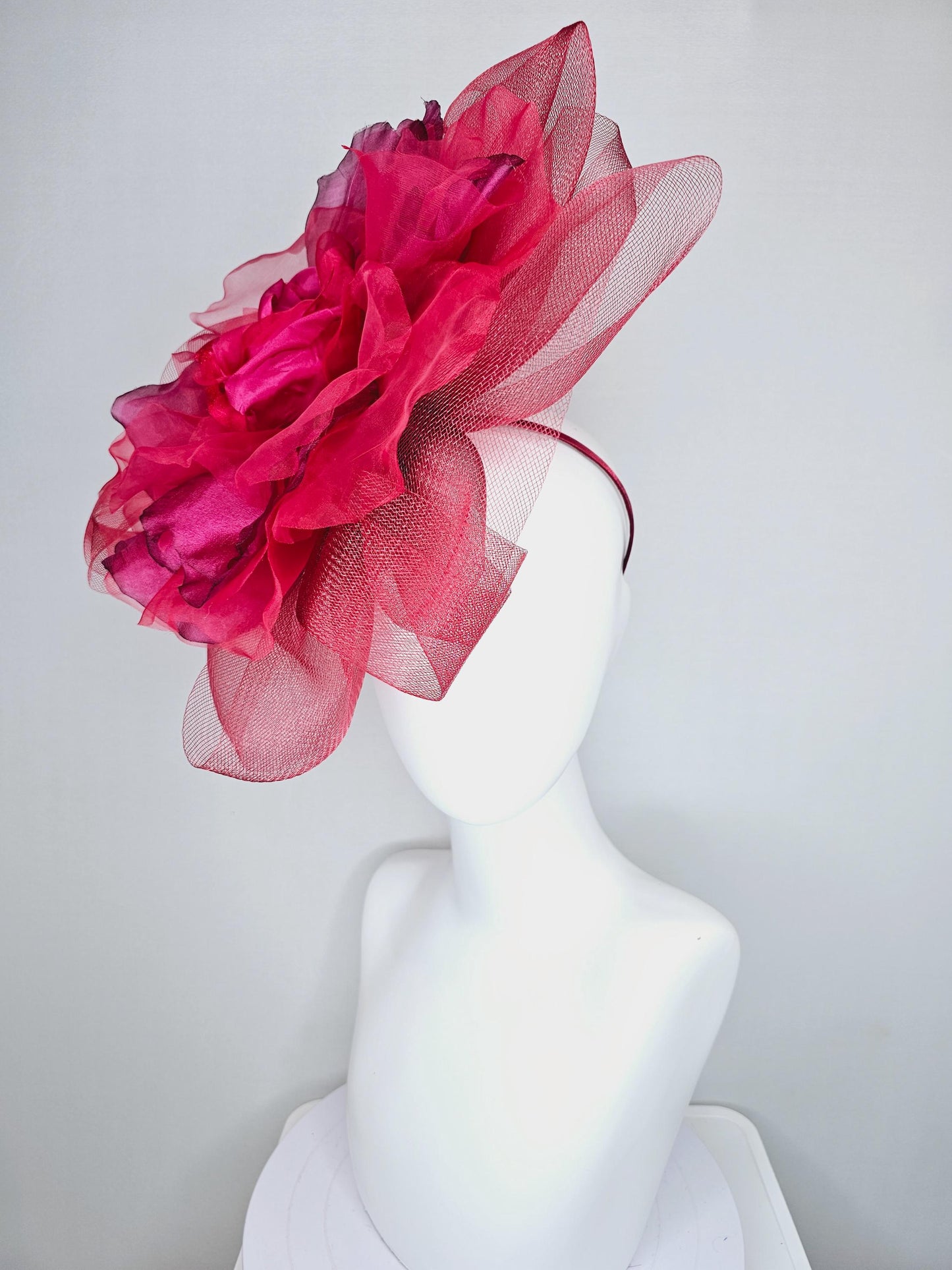 kentucky derby hat fascinator with huge scarlet red mesh bow and burgundy wine red organza satin silk rose flower