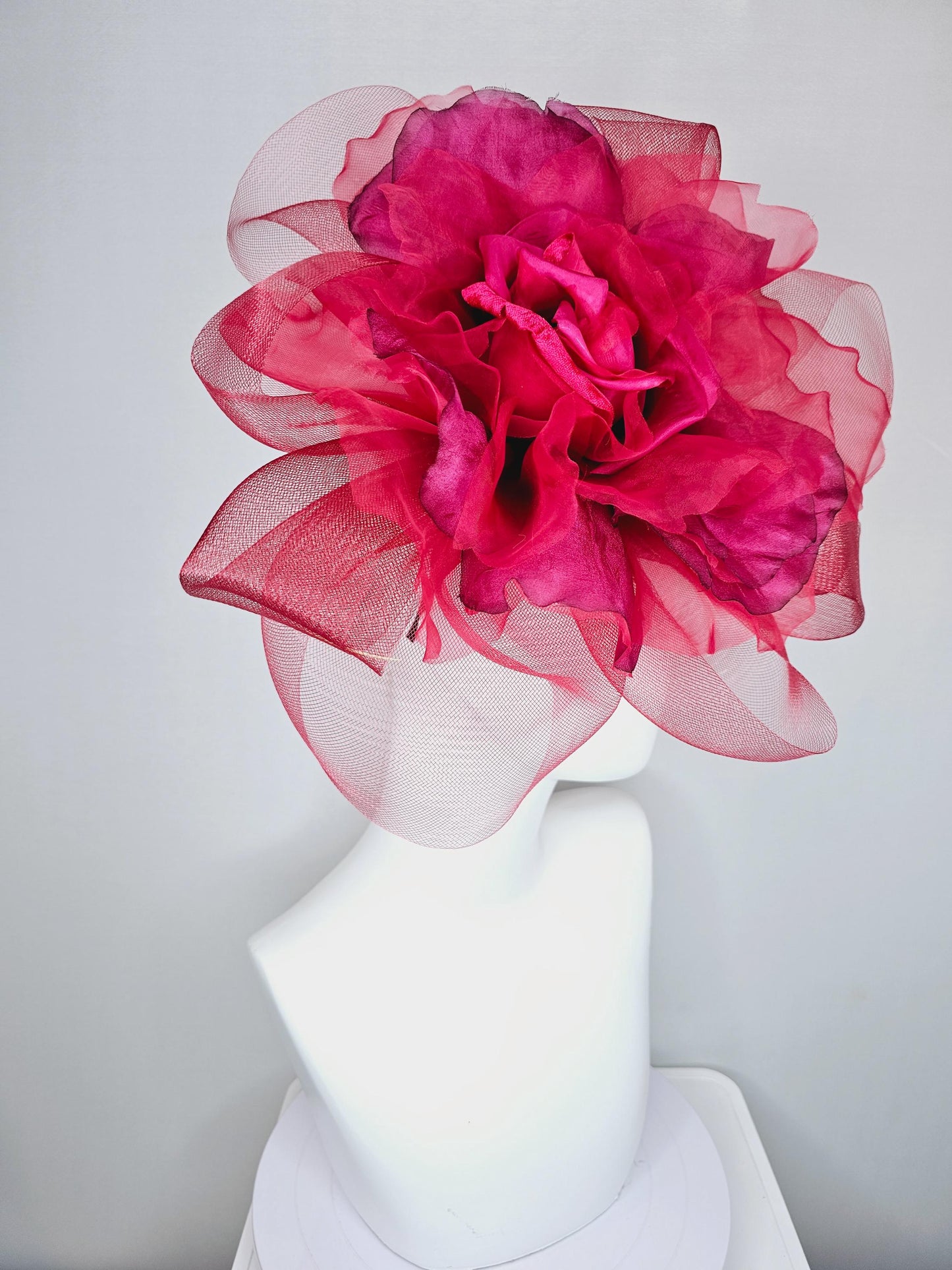 kentucky derby hat fascinator with huge scarlet red mesh bow and burgundy wine red organza satin silk rose flower