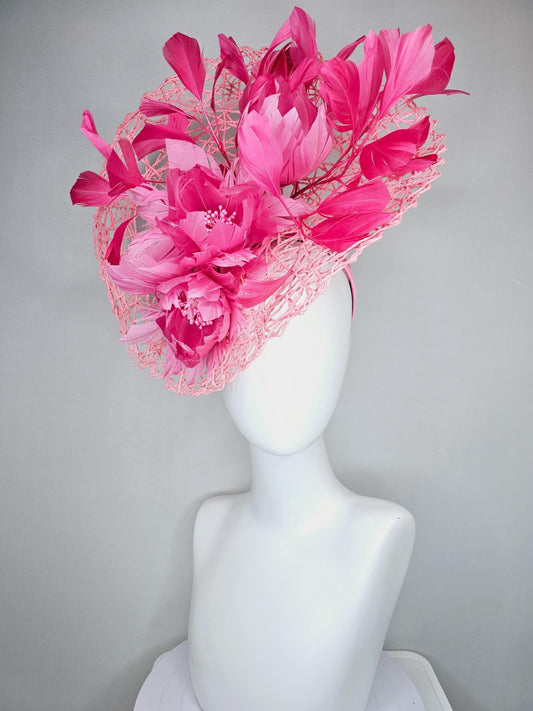 kentucky derby hat fascinator light pink woven rope saucer with bright hot pink branching feathers and fluffy pink feather flowers