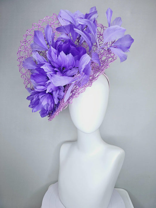 kentucky derby hat fascinator lavender light purple woven rope saucer with light purple branching feathers and violet purple feather flowers