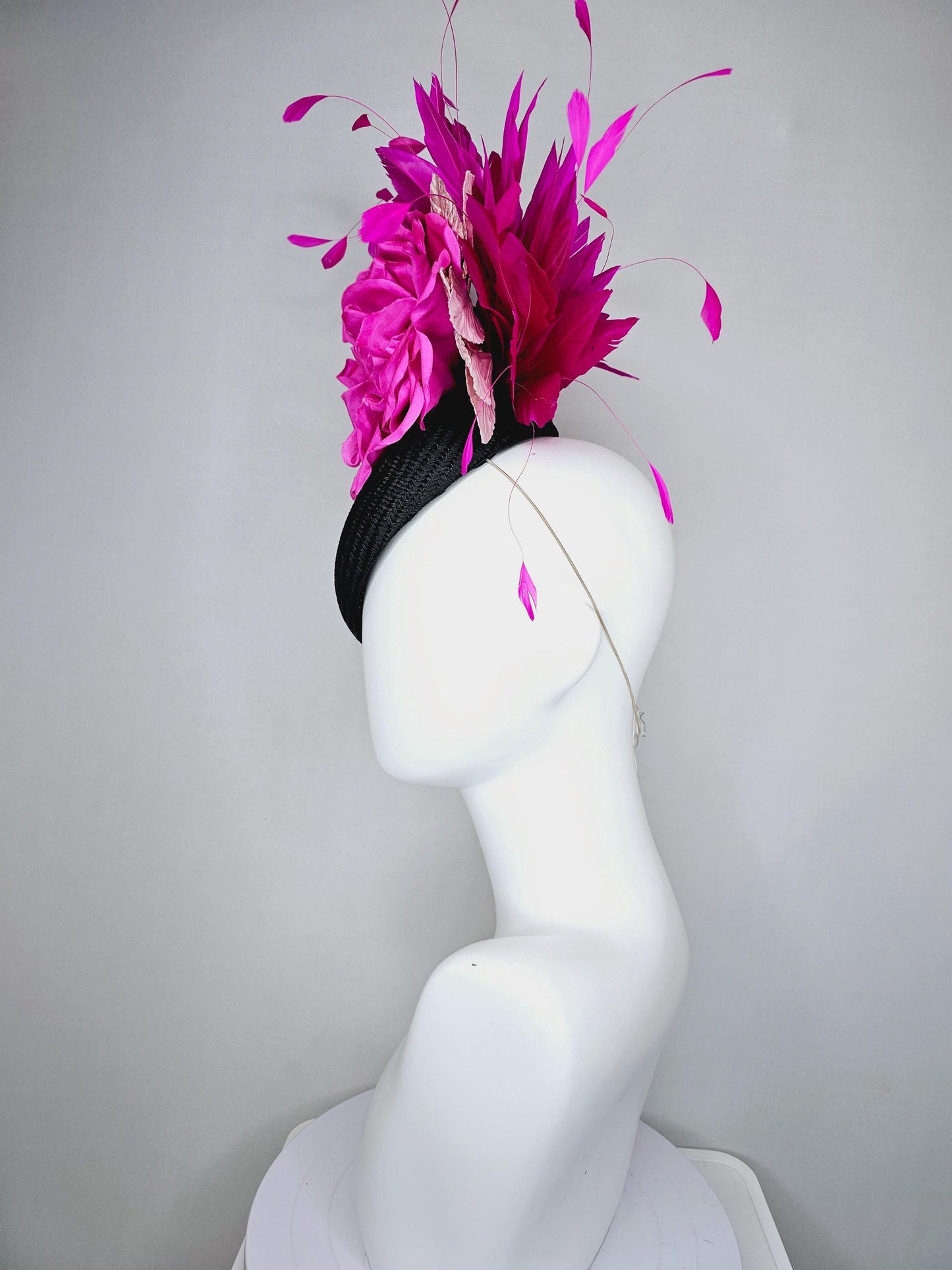 kentucky derby hat fascinator black woven base, large hot pink satin silk rose flower,light pink leaves and fuchsia pink branching feathers