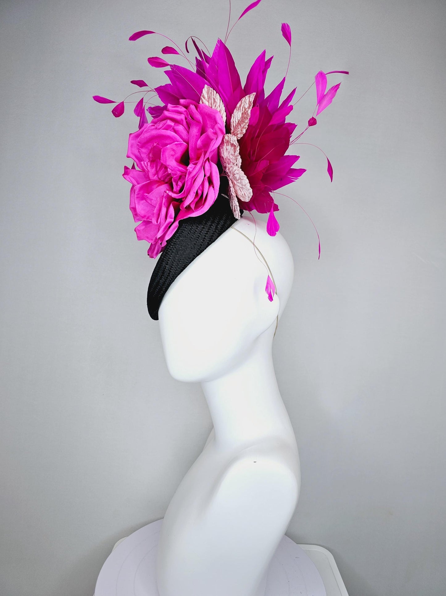 kentucky derby hat fascinator black woven base, large hot pink satin silk rose flower,light pink leaves and fuchsia pink branching feathers