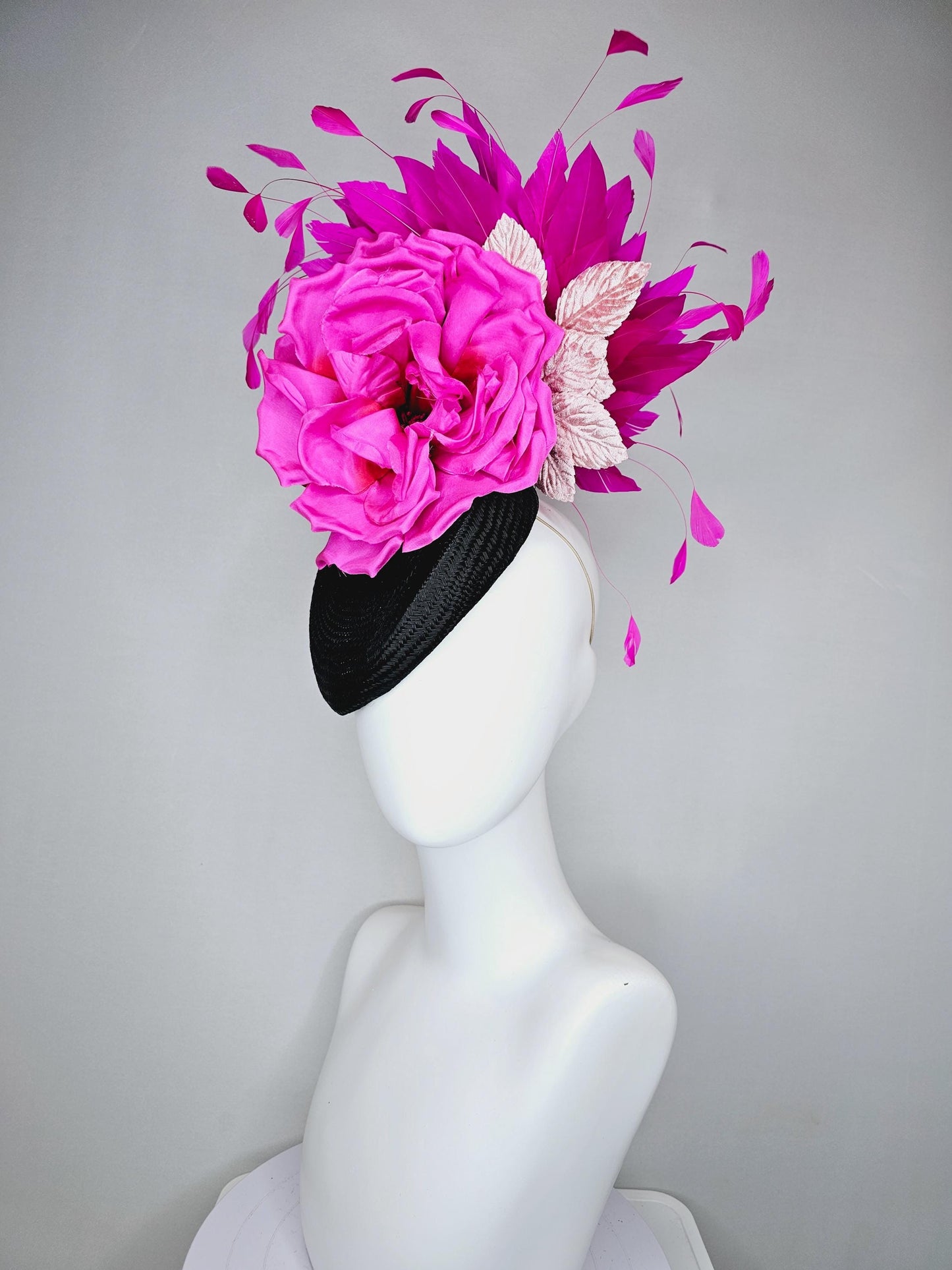 kentucky derby hat fascinator black woven base, large hot pink satin silk rose flower,light pink leaves and fuchsia pink branching feathers