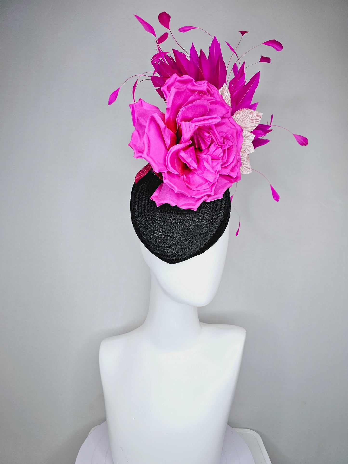 kentucky derby hat fascinator black woven base, large hot pink satin silk rose flower,light pink leaves and fuchsia pink branching feathers