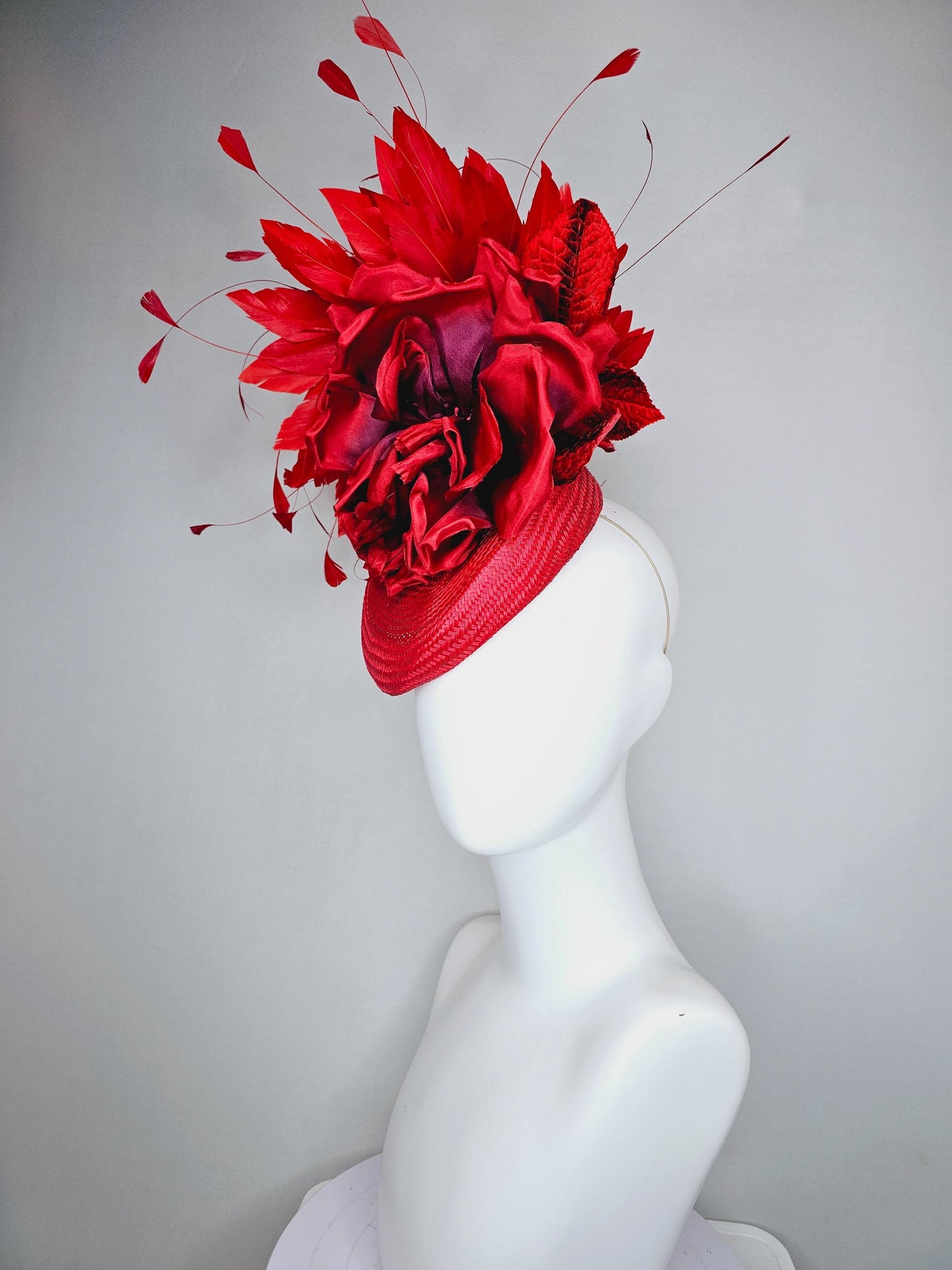 kentucky derby hat fascinator scarlet red woven base,large red purple satin silk rose flower,red leaves and cherry red branching feathers