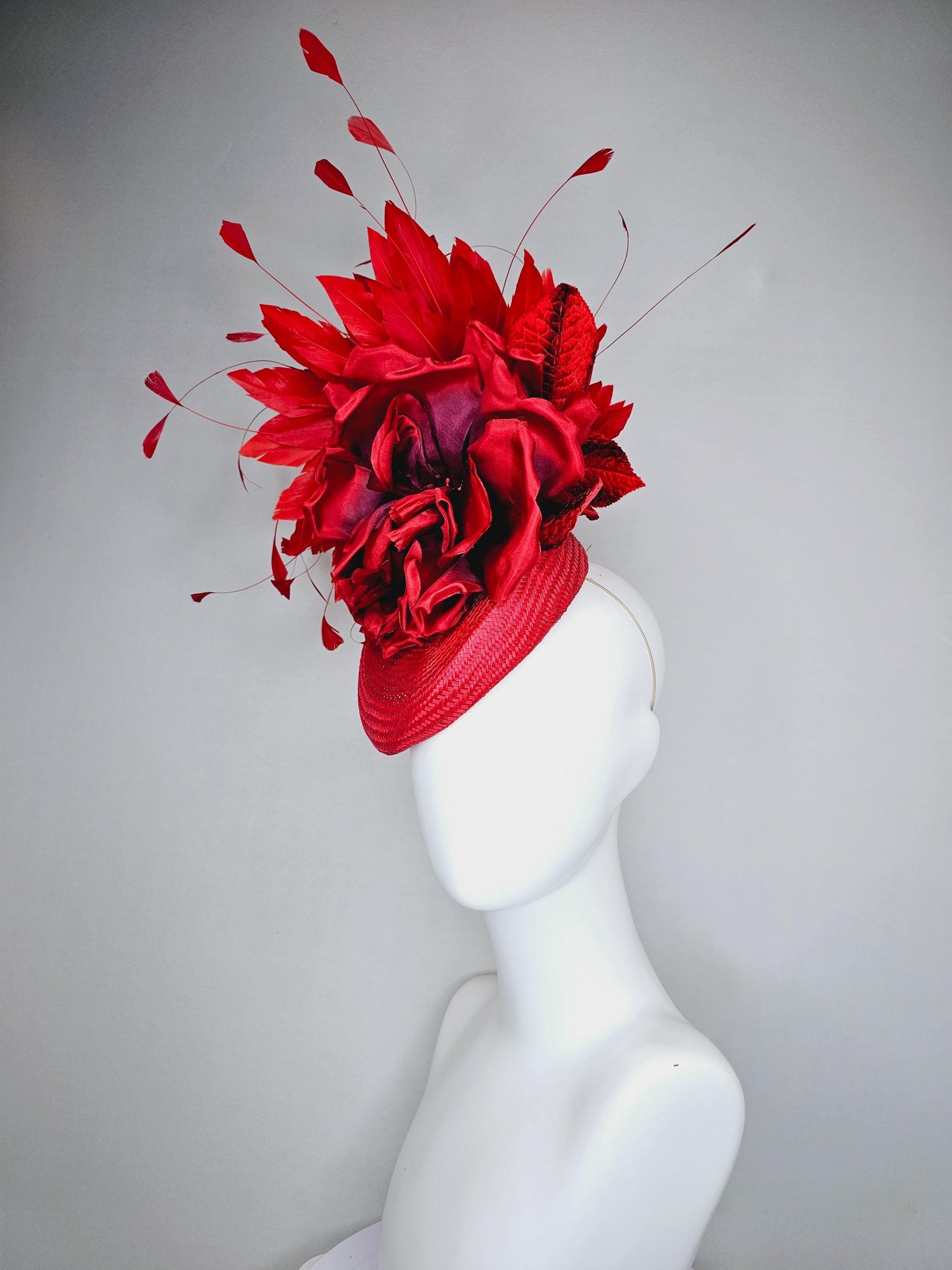 kentucky derby hat fascinator scarlet red woven base,large red purple satin silk rose flower,red leaves and cherry red branching feathers