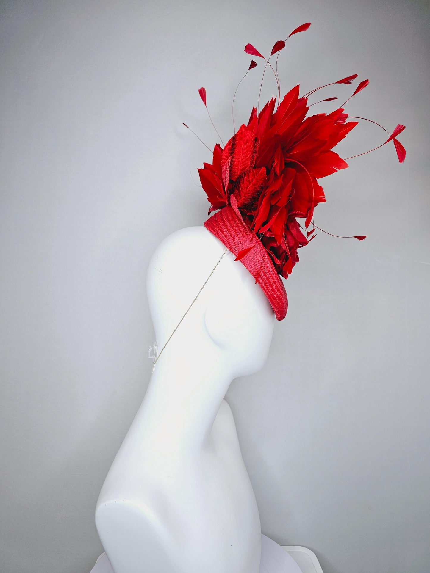 kentucky derby hat fascinator scarlet red woven base,large red purple satin silk rose flower,red leaves and cherry red branching feathers