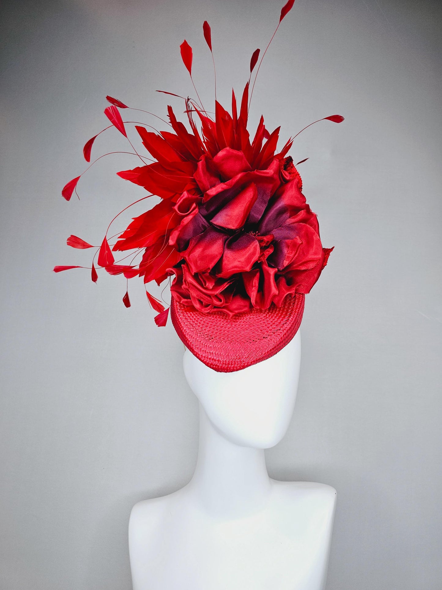 kentucky derby hat fascinator scarlet red woven base,large red purple satin silk rose flower,red leaves and cherry red branching feathers