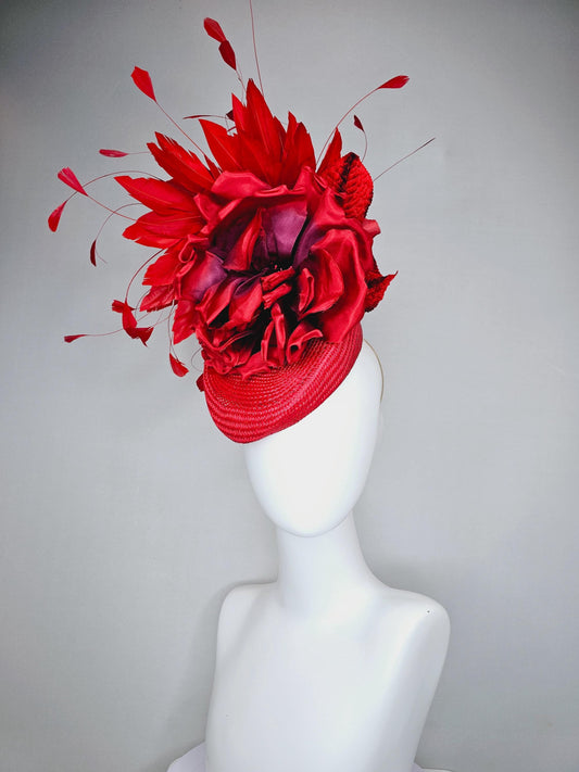 kentucky derby hat fascinator scarlet red woven base,large red purple satin silk rose flower,red leaves and cherry red branching feathers