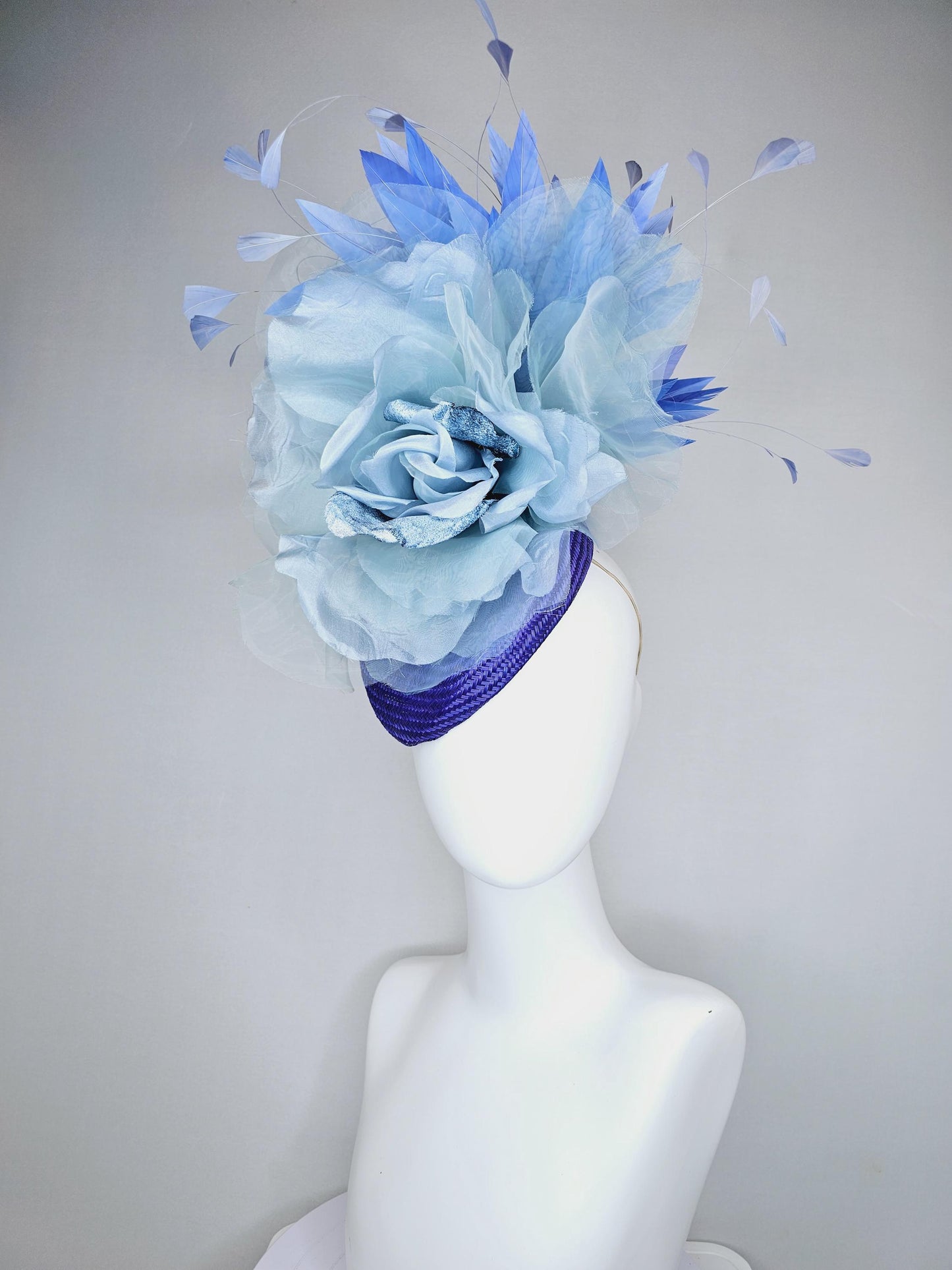 kentucky derby hat fascinator royal blue woven base with large light blue organza satin rose flower and light cobalt blue branching feathers