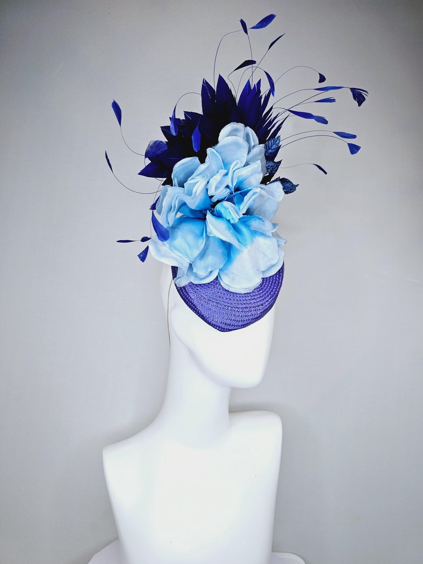 kentucky derby hat fascinator royal blue woven base with large light blue satin silk rose flower and midnight navy blue branching feathers