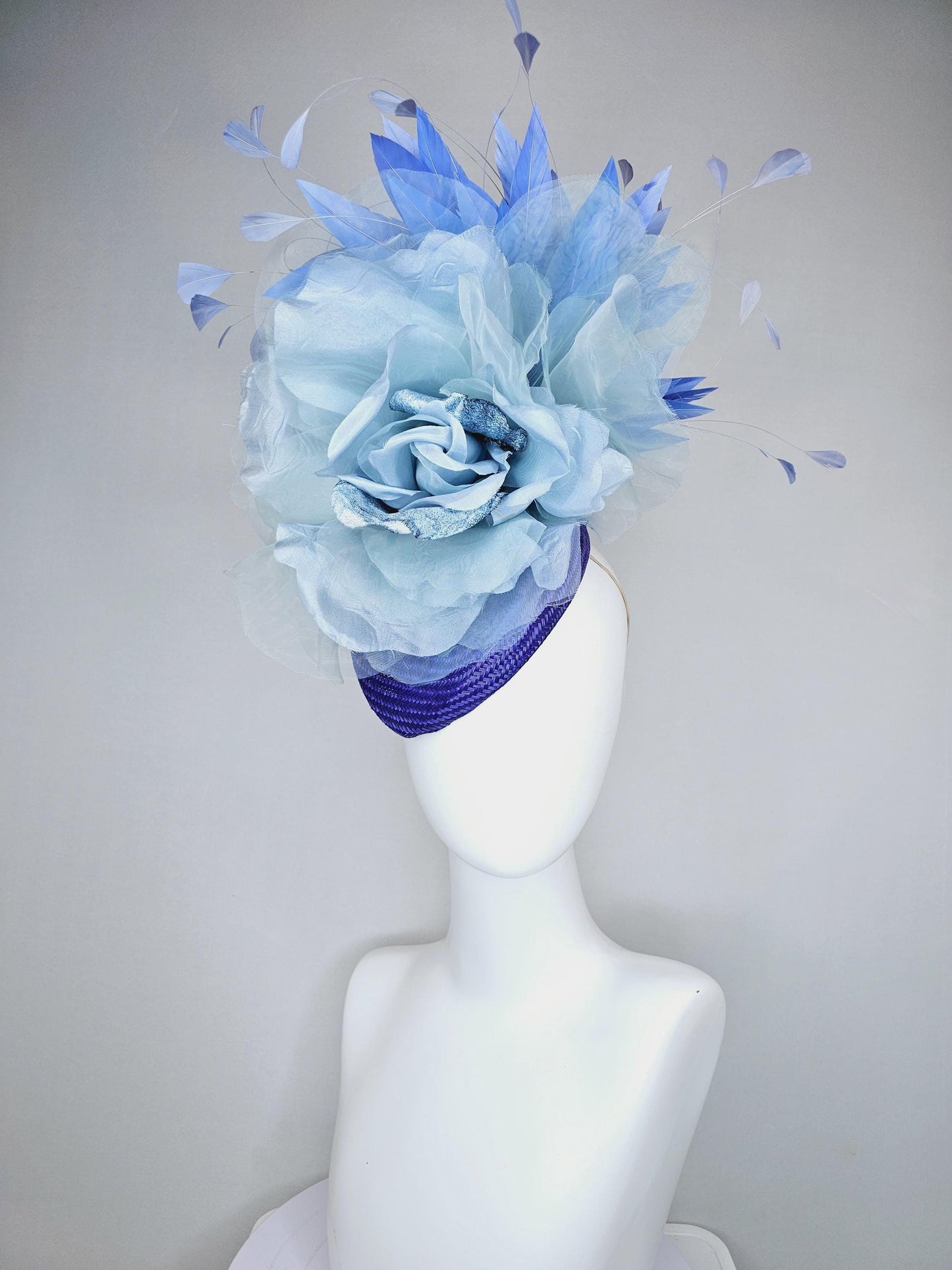 kentucky derby hat fascinator royal blue woven base with large light blue organza satin rose flower and light cobalt blue branching feathers