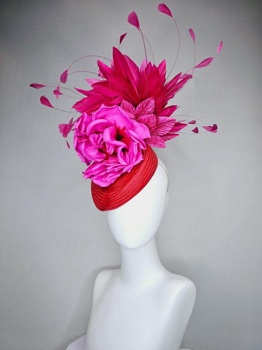 kentucky derby hat fascinator bright red woven base with large fuchsia pink satin silk rose flower and hot pink branching feathers