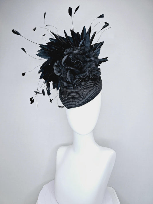 kentucky derby hat fascinator black woven base with large black organza satin silk rose flower,and black branching feathers