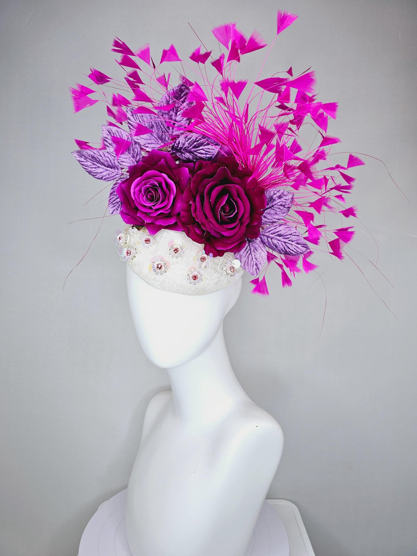 kentucky derby hat fascinator white sinamay with iridescent beading,purple satin flowers,lavender purple leaves, hot pink branching feathers