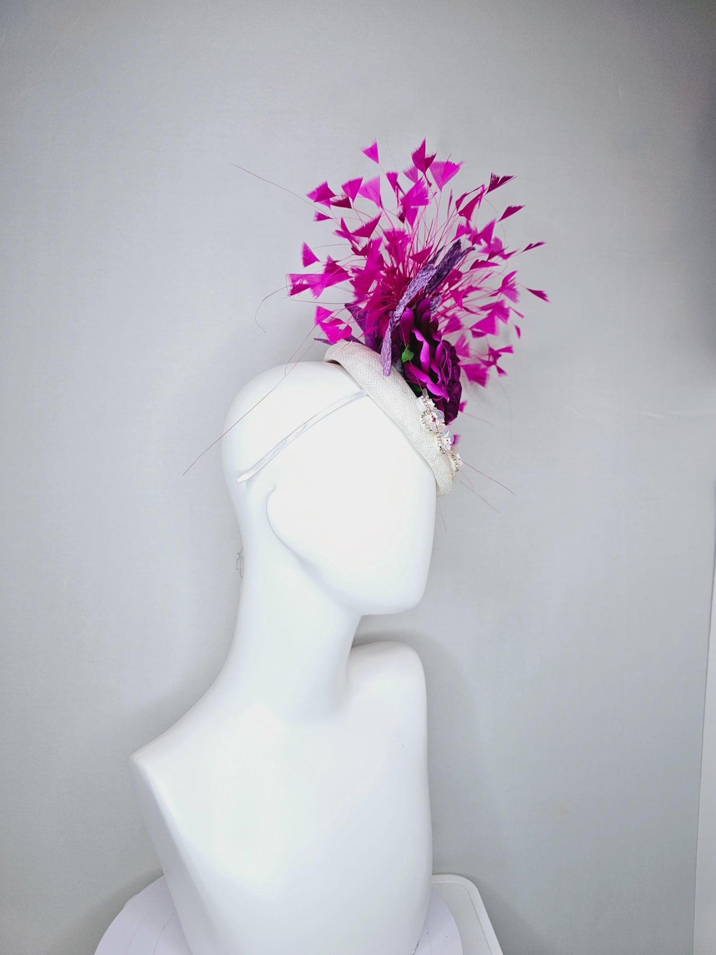 kentucky derby hat fascinator white sinamay with iridescent beading,purple satin flowers,lavender purple leaves, hot pink branching feathers