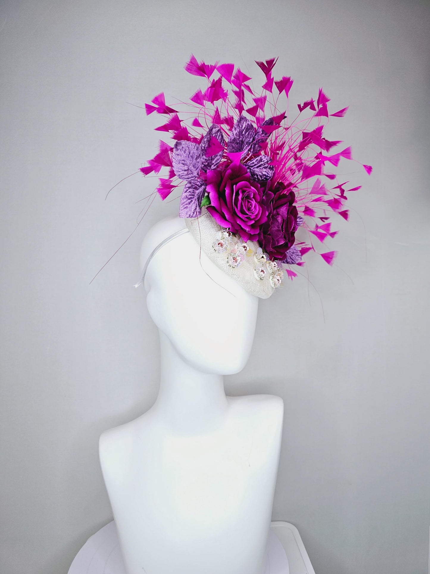 kentucky derby hat fascinator white sinamay with iridescent beading,purple satin flowers,lavender purple leaves, hot pink branching feathers