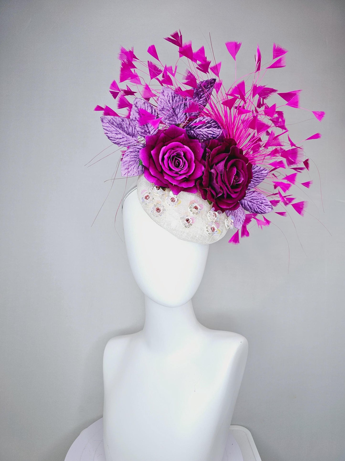 kentucky derby hat fascinator white sinamay with iridescent beading,purple satin flowers,lavender purple leaves, hot pink branching feathers